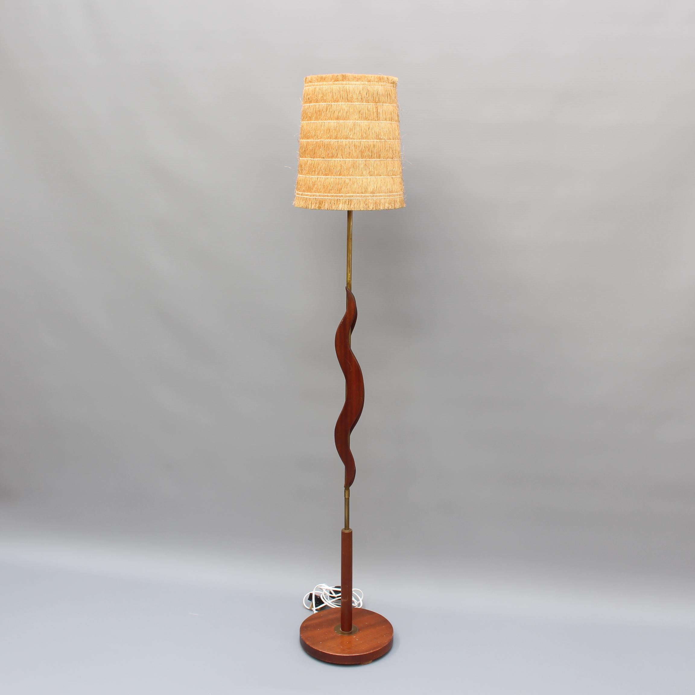Midcentury French Wooden and Brass Floor Lamp, circa 1950s 7