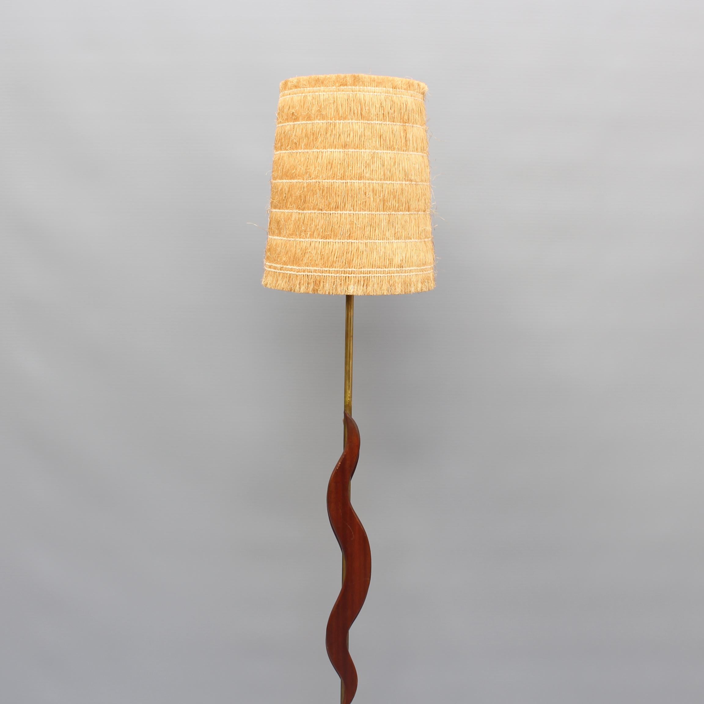 Midcentury French Wooden and Brass Floor Lamp, circa 1950s 3