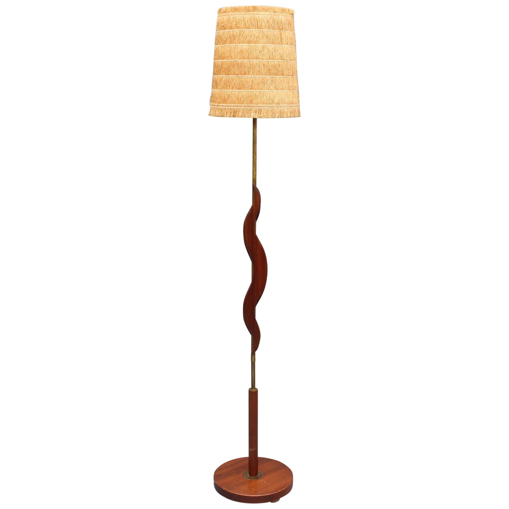 Midcentury French Wooden and Brass Floor Lamp, circa 1950s