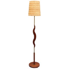 Midcentury French Wooden and Brass Floor Lamp, circa 1950s