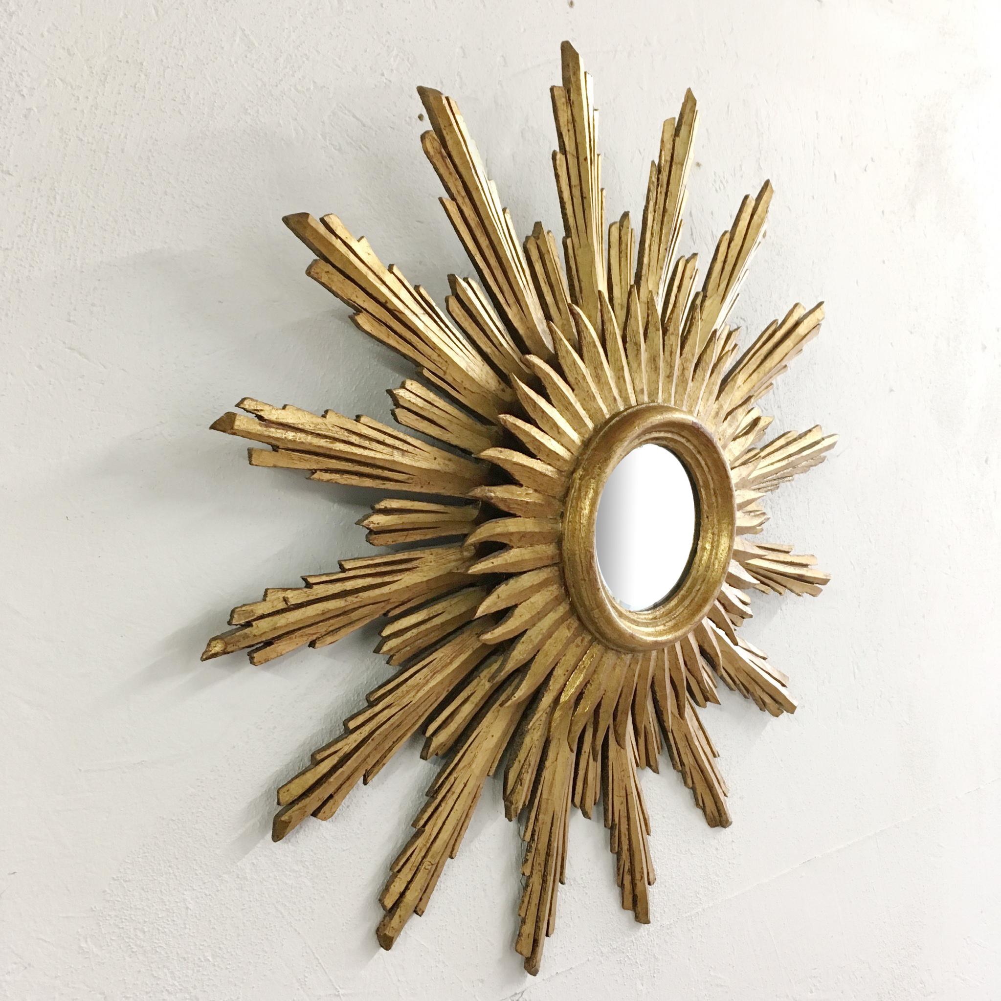 Hand-Crafted Midcentury French Wooden Sunburst Mirror