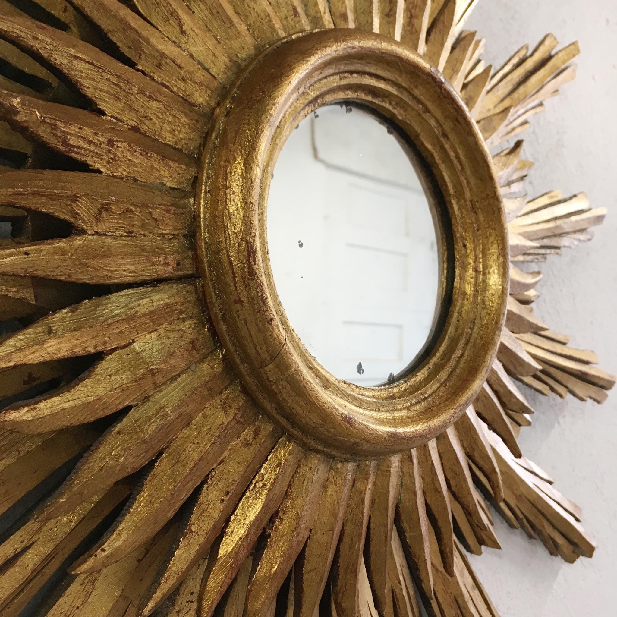 20th Century Midcentury French Wooden Sunburst Mirror