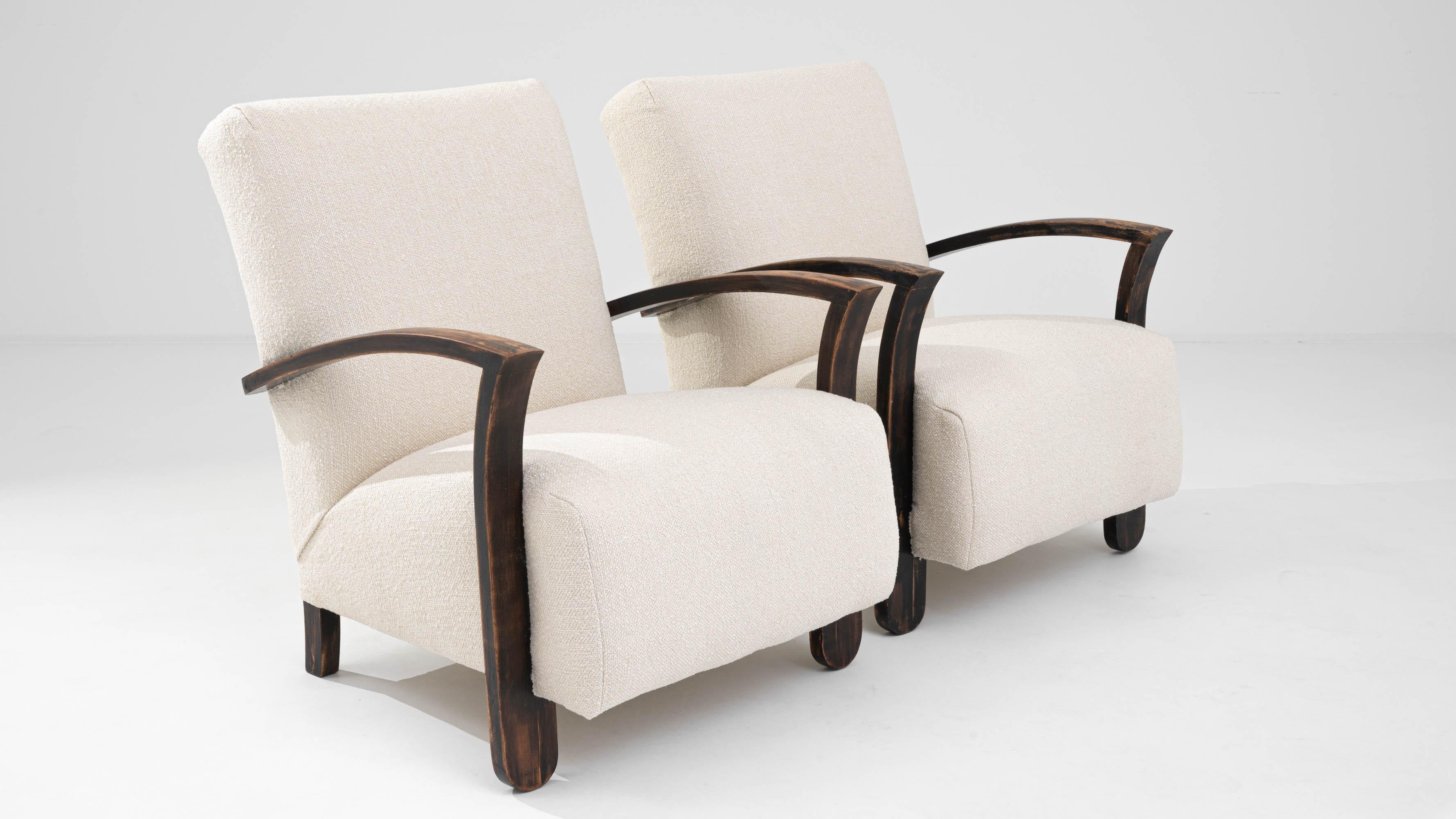 Midcentury French Wooden Upholstered Armchairs For Sale at 1stDibs