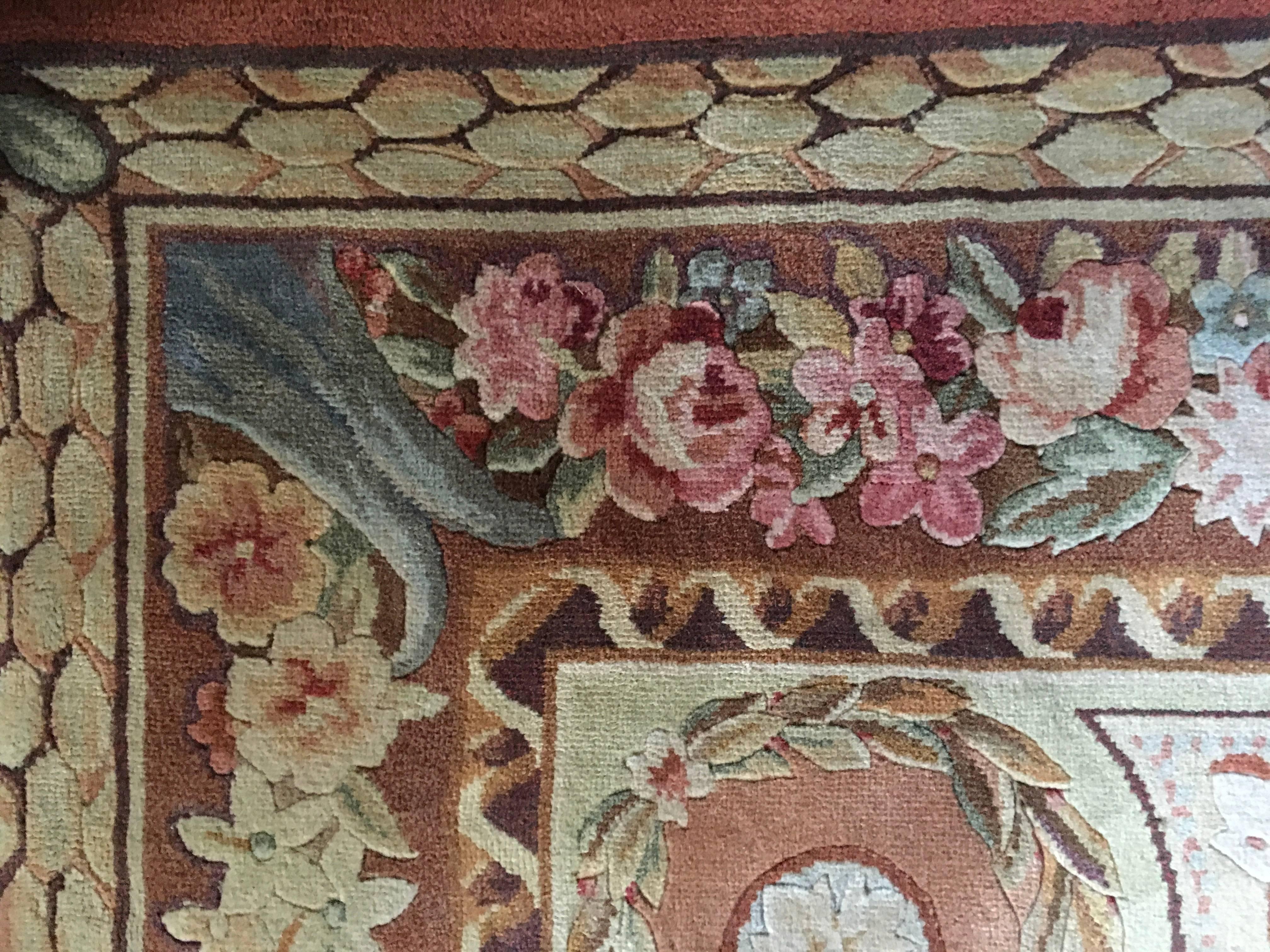 French 1960 Aubusson France Rug in Pink and Blue Colors For Sale