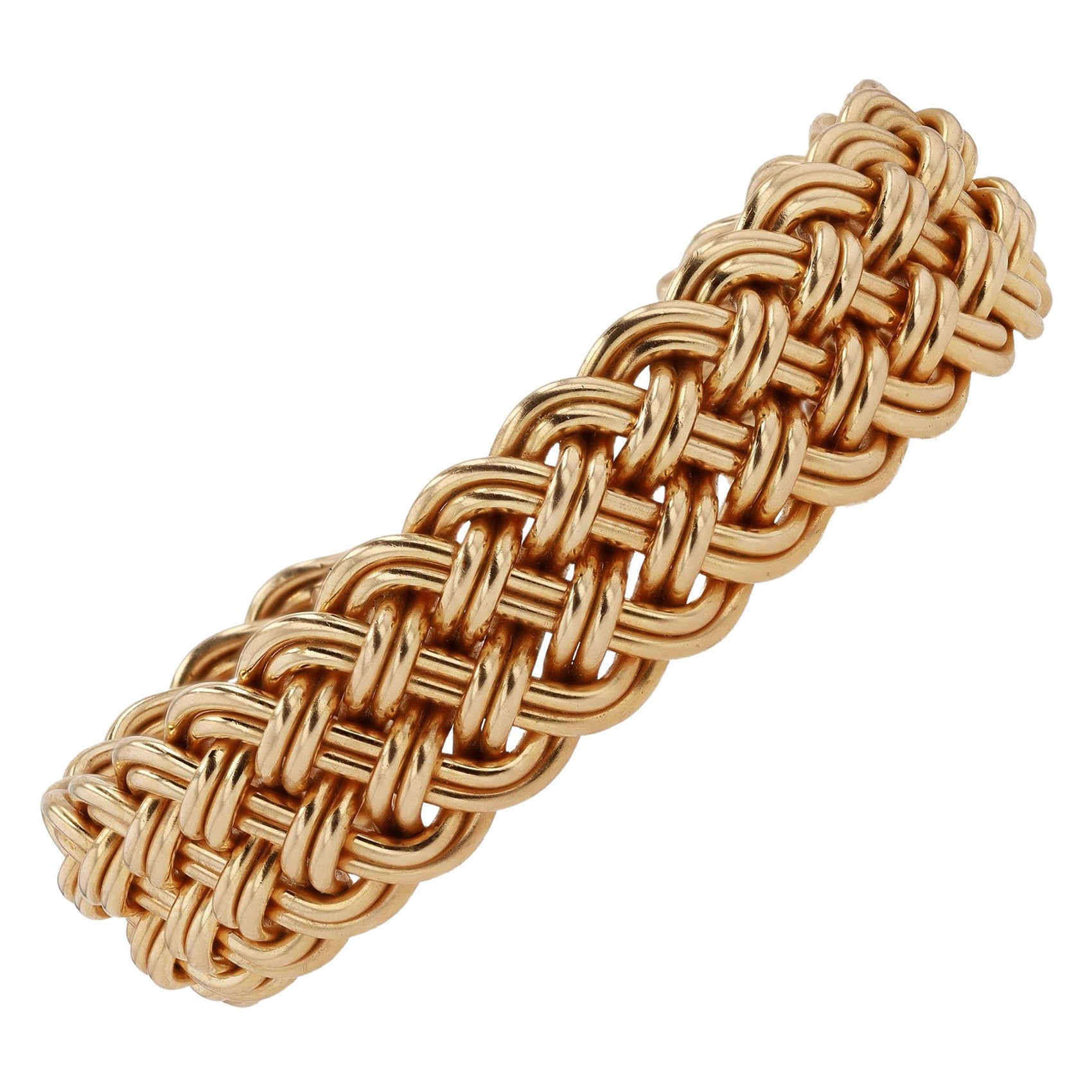 Mid Century French Woven 14K Gold Cuff Bangle Bracelet