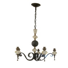 Mid-Century French Wrought Iron and Cristal de Sèvres Five-Branch Chandelier