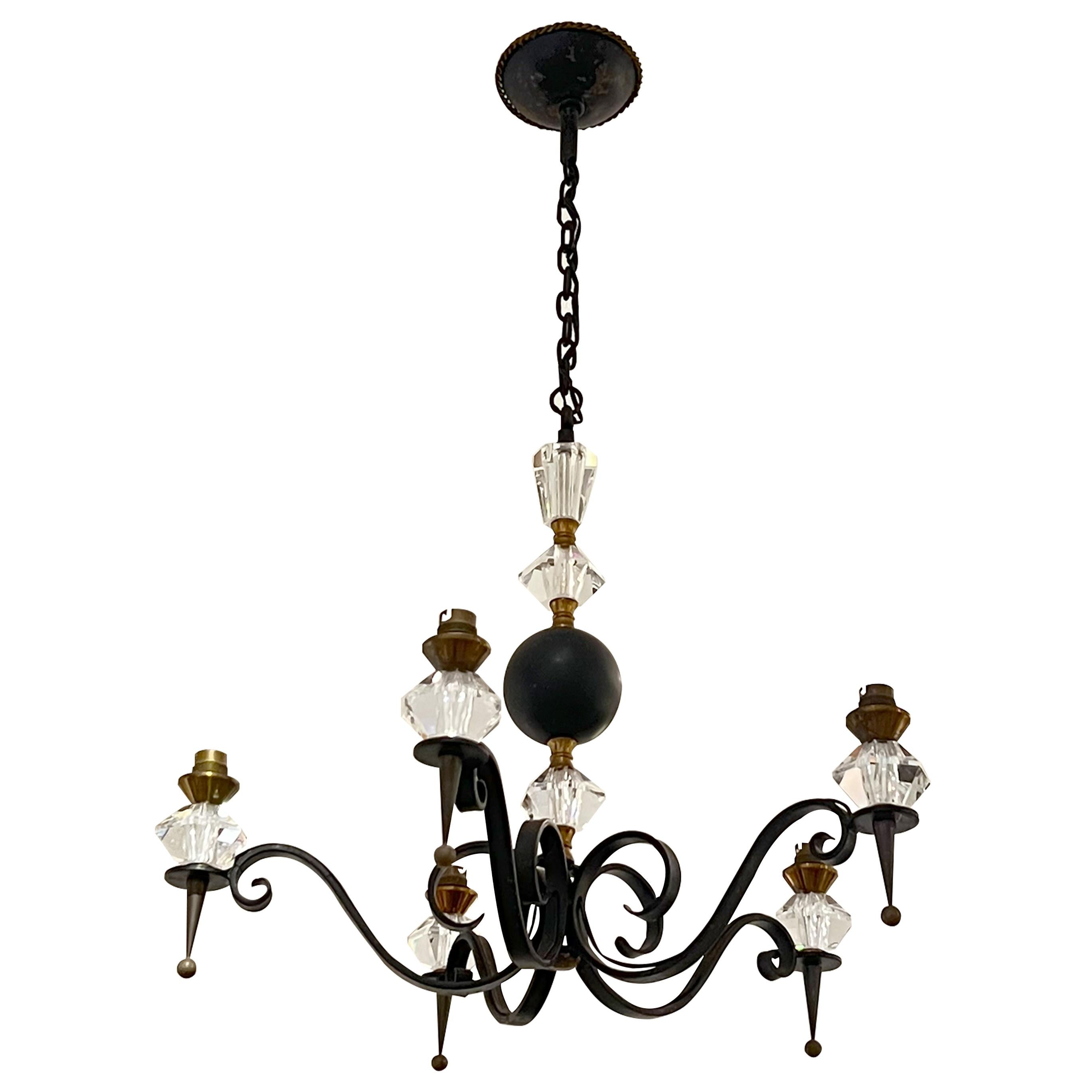 Mid-Century Modern Mid-Century French Wrought Iron and Cristal de Sèvres Five-Branch Chandelier For Sale