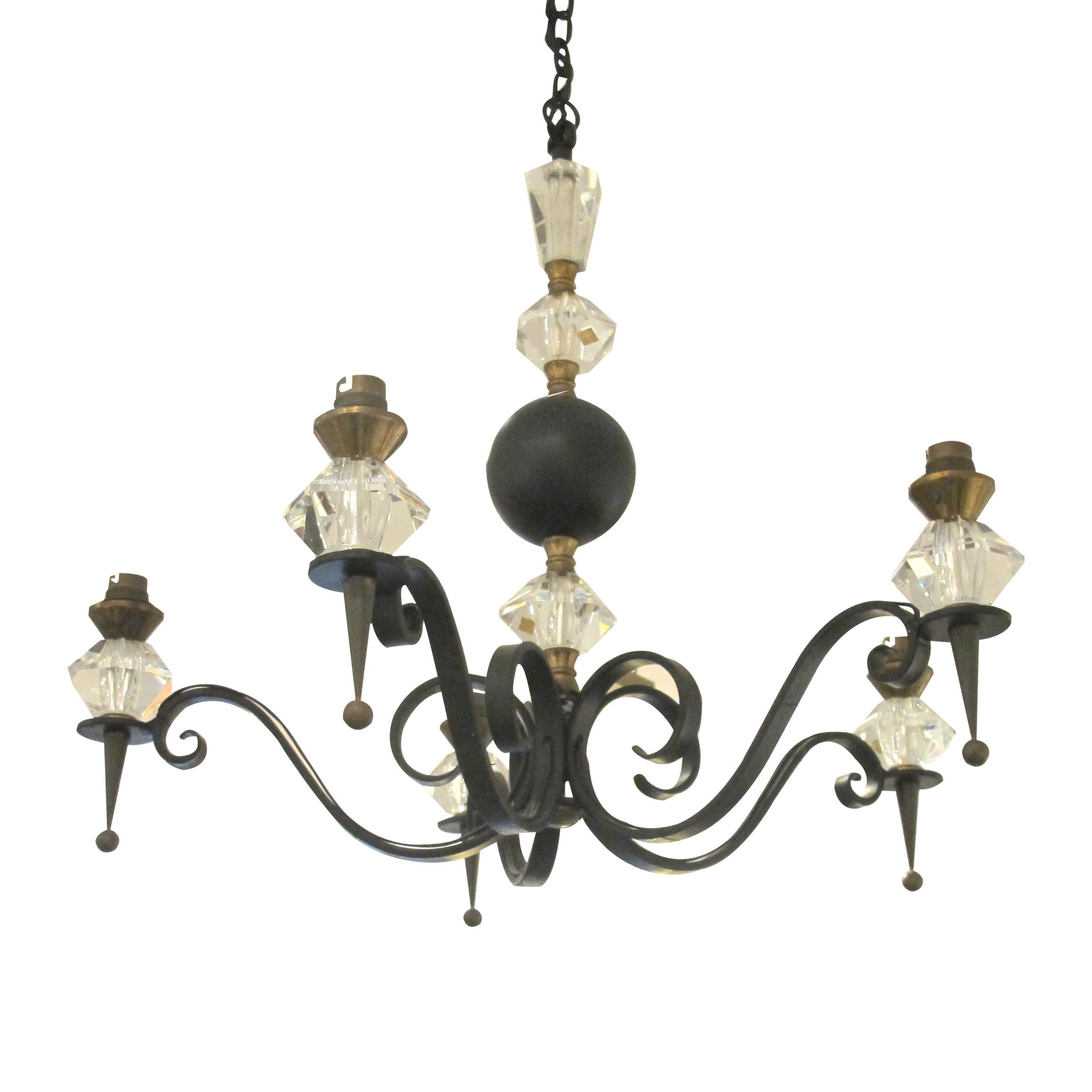 Other Mid-Century French Wrought Iron and Cristal de Sèvres Five-Branch Chandelier For Sale