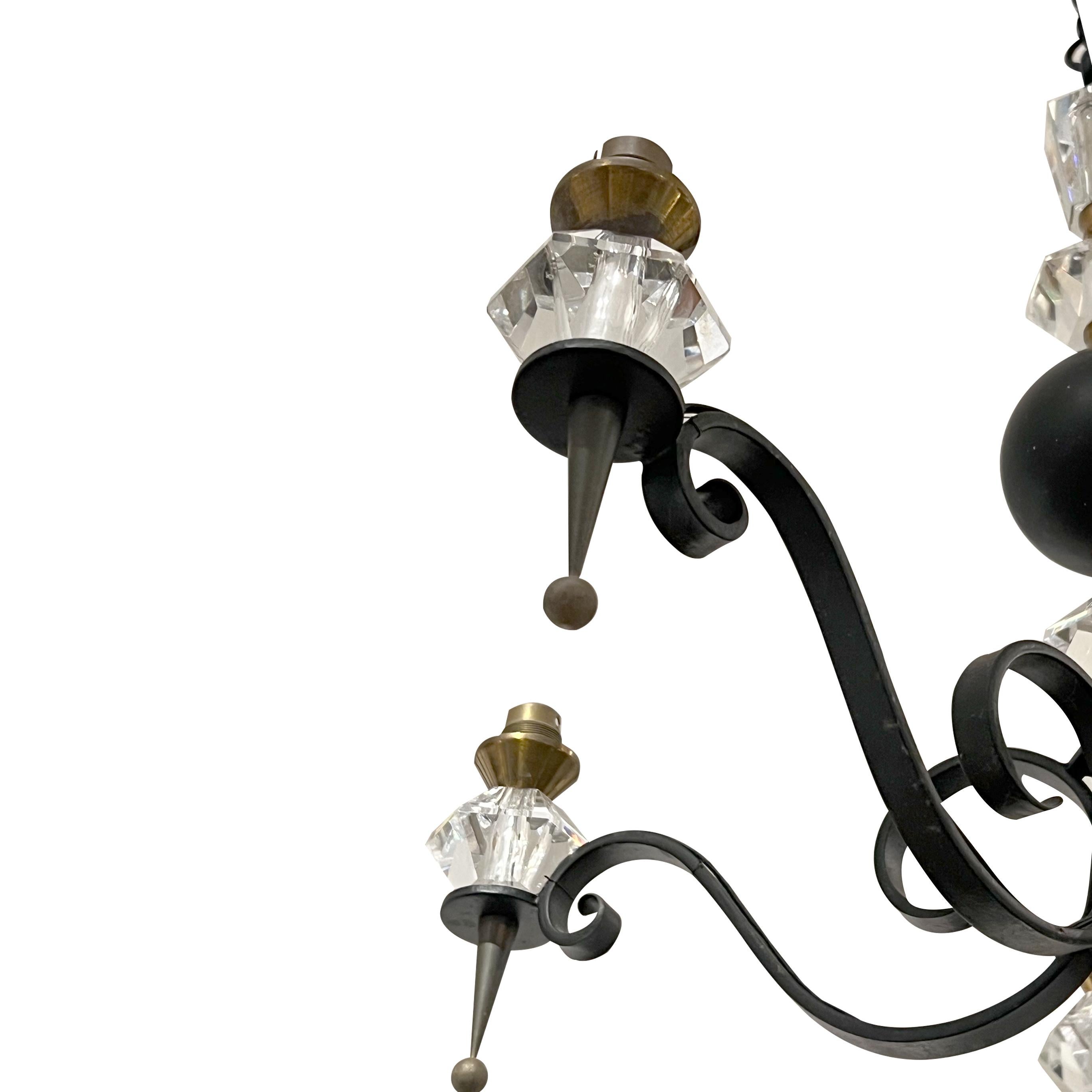 Mid-Century French Wrought Iron and Cristal de Sèvres Five-Branch Chandelier In Good Condition For Sale In London, GB