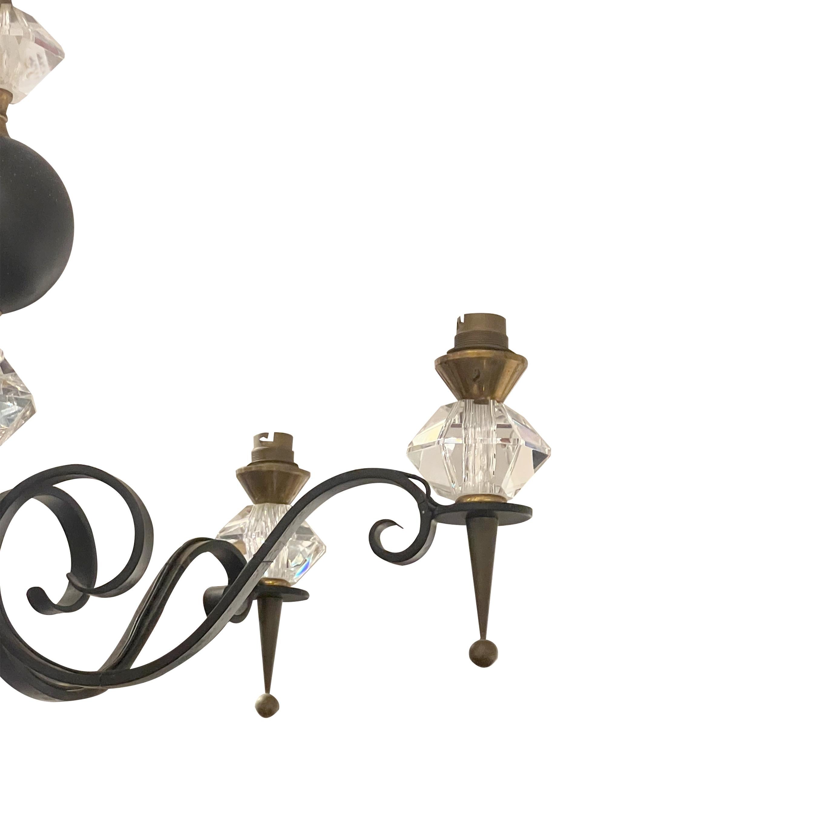 Mid-20th Century Mid-Century French Wrought Iron and Cristal de Sèvres Five-Branch Chandelier For Sale