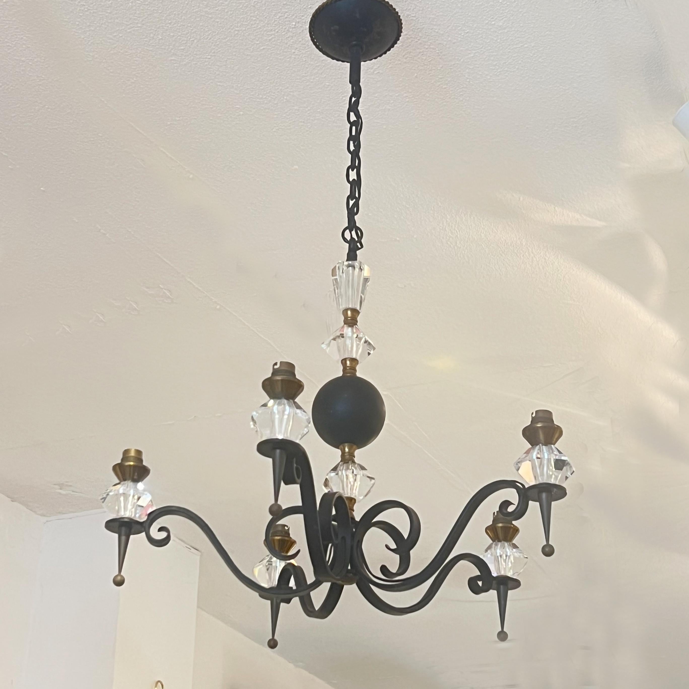 Crystal Mid-Century French Wrought Iron and Cristal de Sèvres Five-Branch Chandelier For Sale