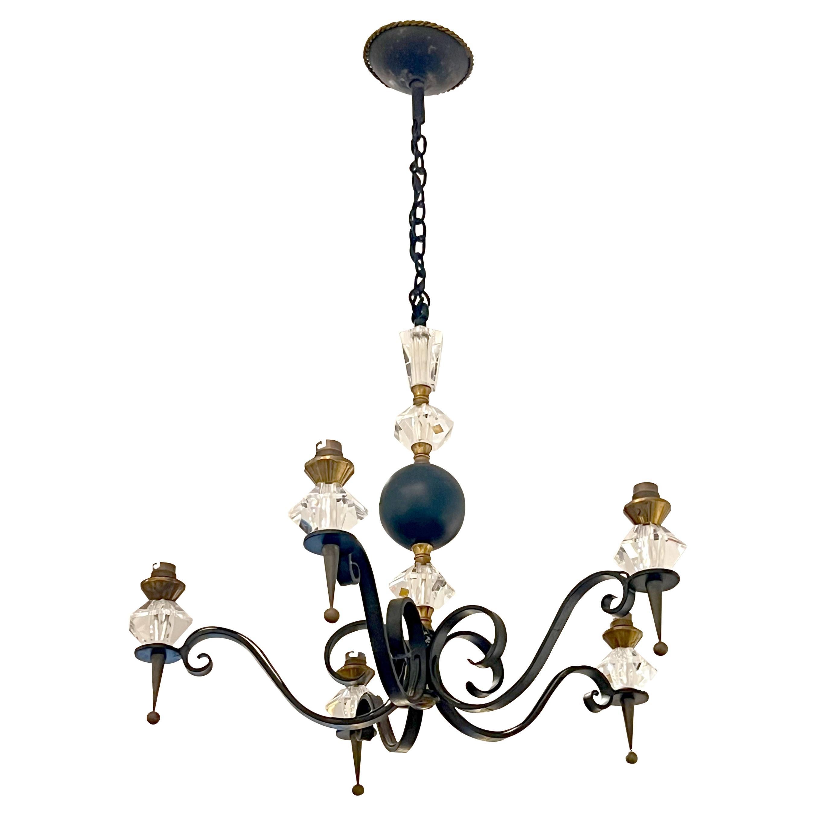 Mid-Century French Wrought Iron and Cristal de Sèvres Five-Branch Chandelier For Sale