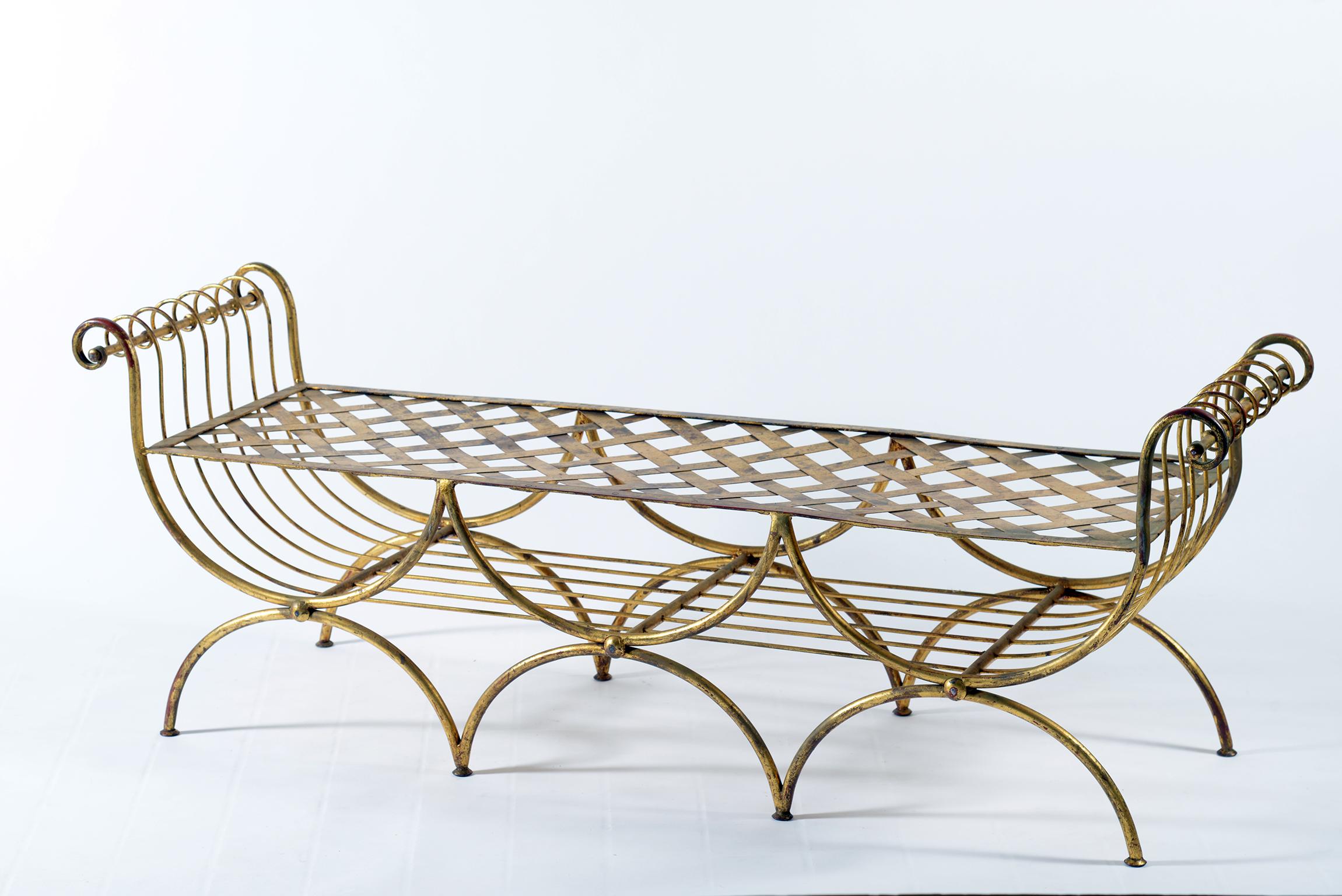 Mid-Century Modern Midcentury French Wrought Iron and Gilded with Gold Leaf Bench or Small Sofa
