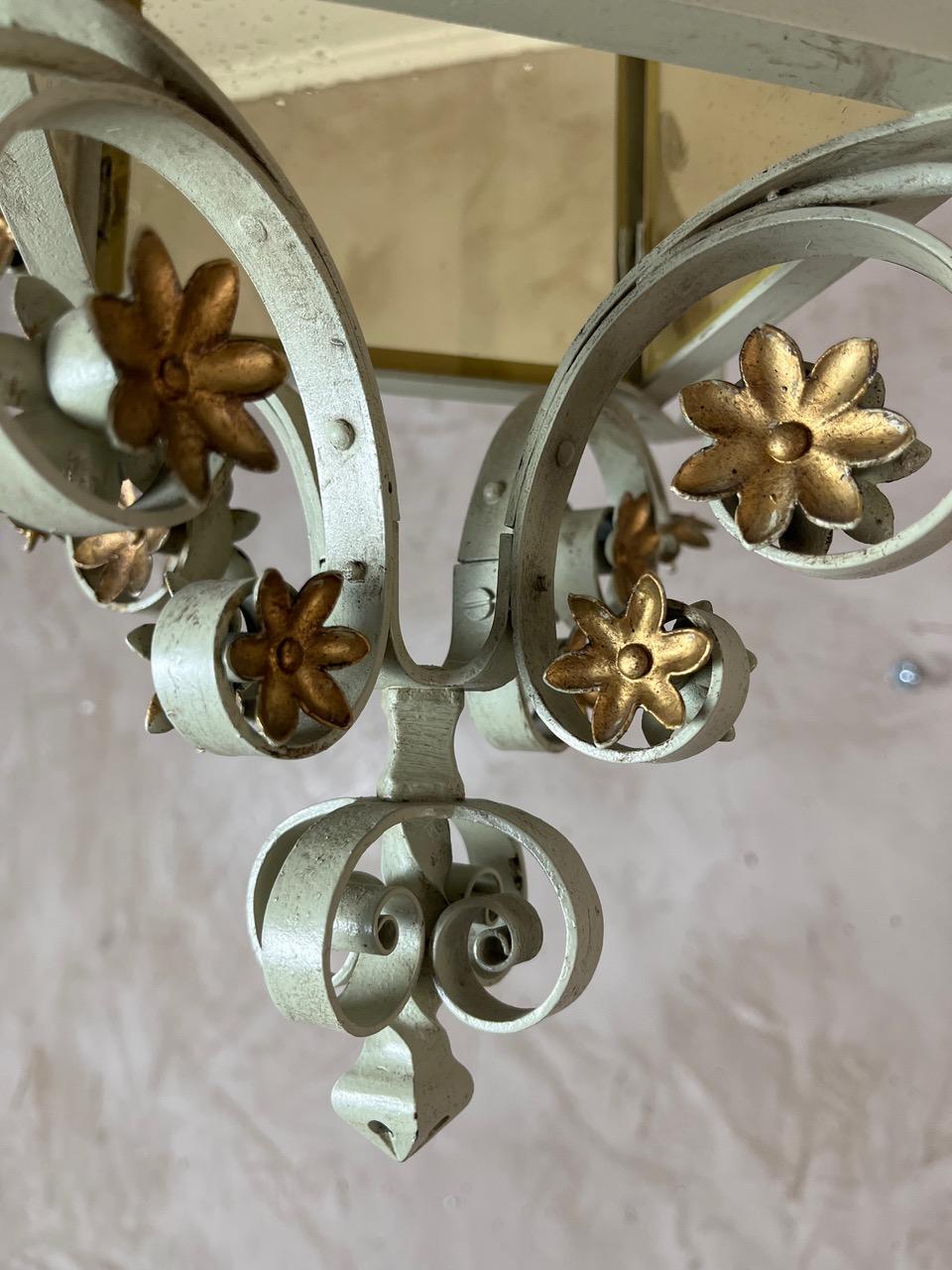 Mid-century French Wrought Iron and Glass Pendant, 1950s For Sale 6