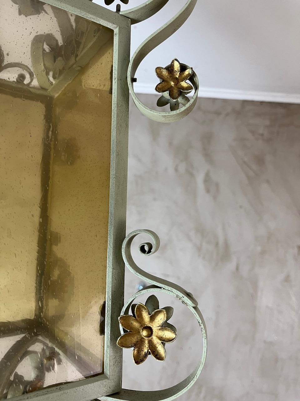 Mid-century French Wrought Iron and Glass Pendant, 1950s For Sale 7
