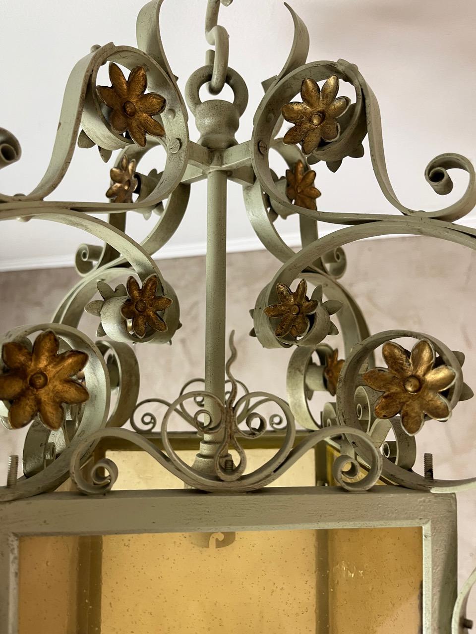 Mid-century French Wrought Iron and Glass Pendant, 1950s For Sale 8