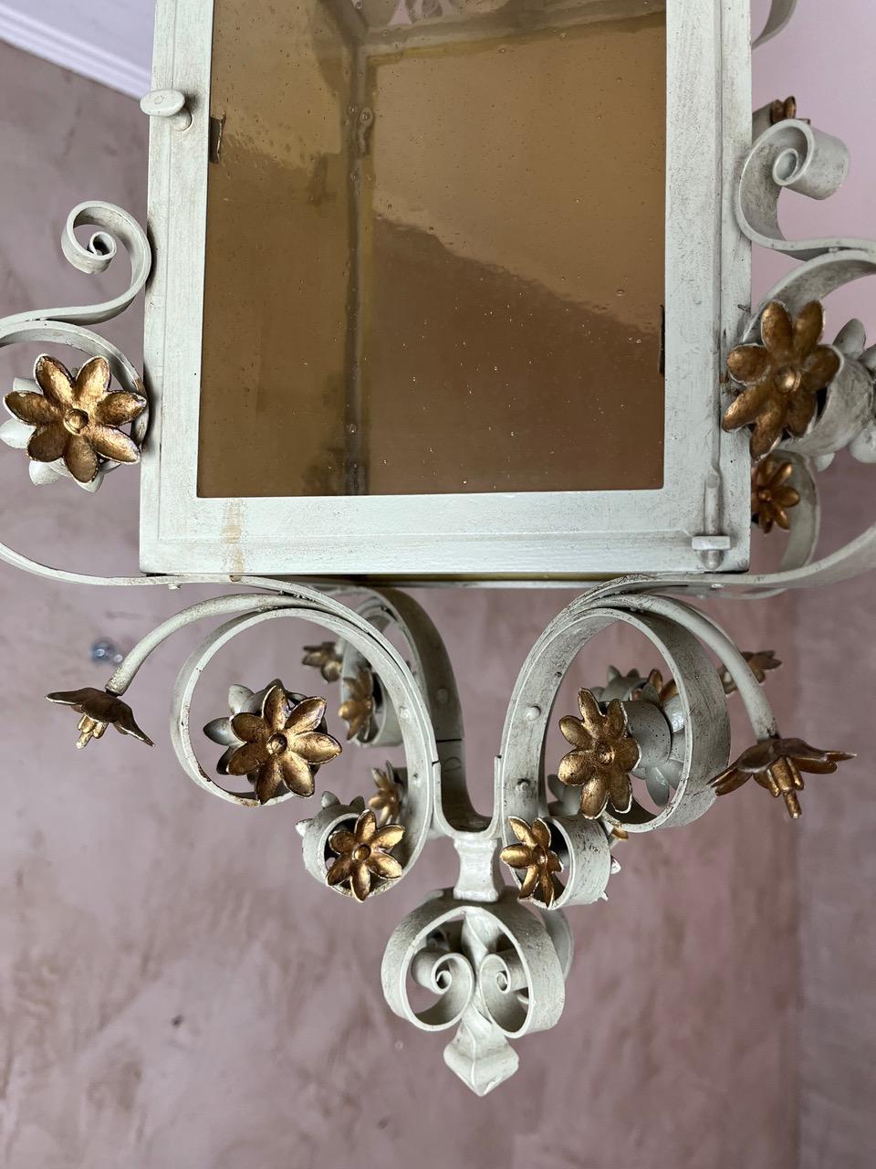 Mid-century French Wrought Iron and Glass Pendant, 1950s In Good Condition For Sale In LEGNY, FR