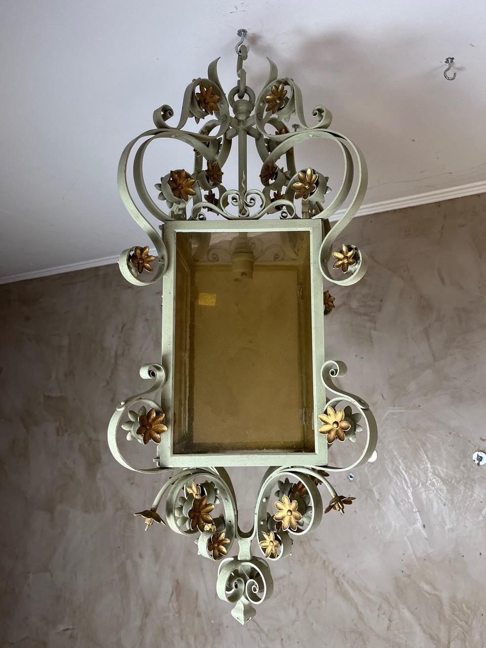 Mid-century French Wrought Iron and Glass Pendant, 1950s For Sale 1