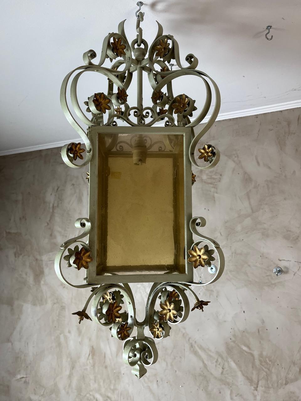 Mid-century French Wrought Iron and Glass Pendant, 1950s For Sale 3