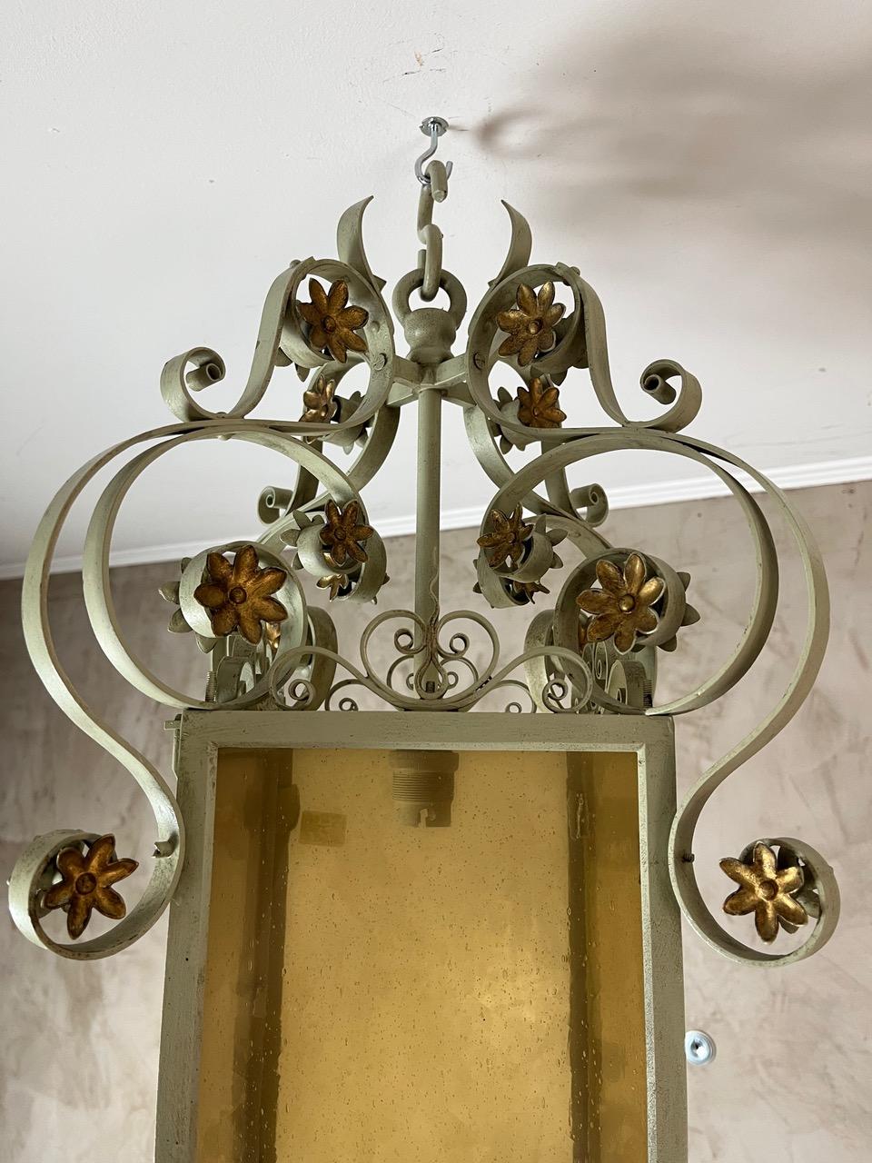 Mid-century French Wrought Iron and Glass Pendant, 1950s For Sale 4