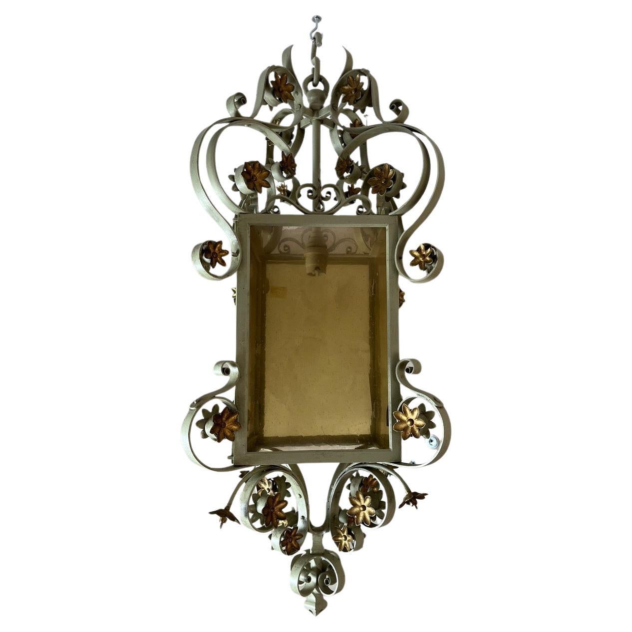 Mid-century French Wrought Iron and Glass Pendant, 1950s For Sale