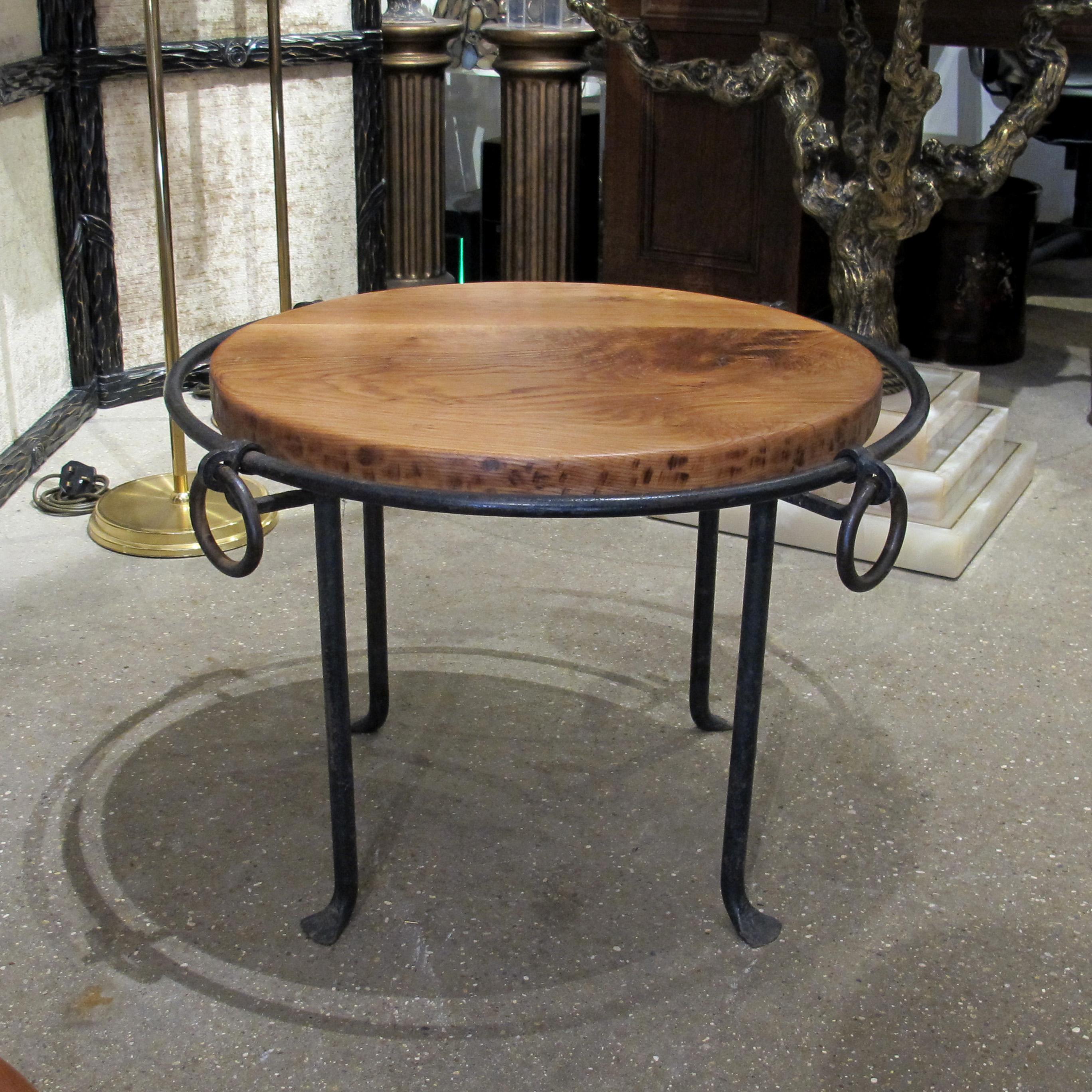 Mid-Century French Wrought Iron and Oak Coffee Table For Sale 1