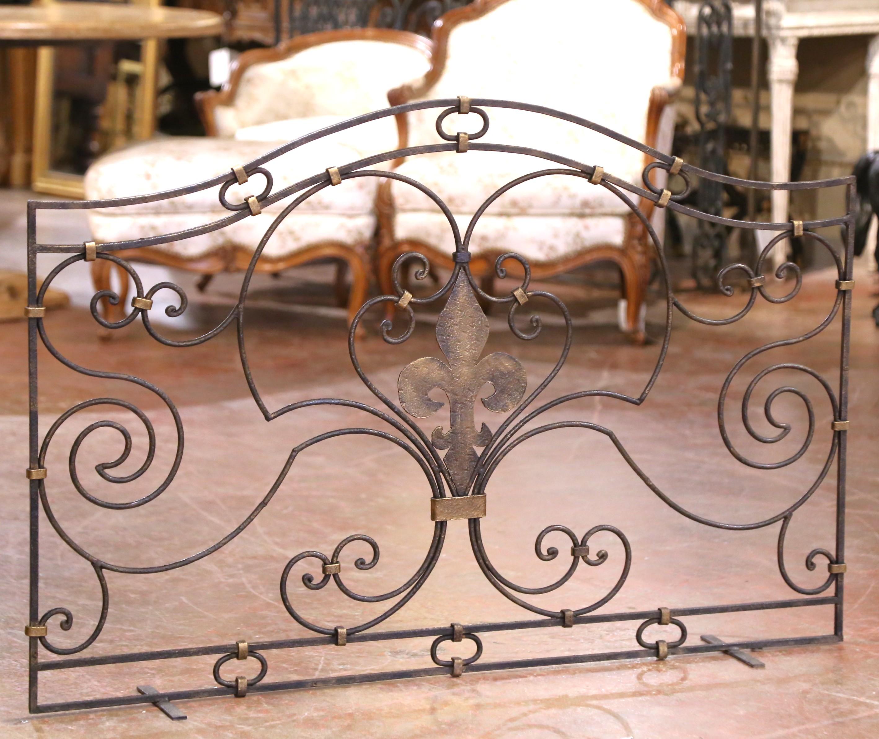 20th Century Mid-Century French Wrought Iron Decorative Fireplace Screen with Fleur-de-Lys For Sale