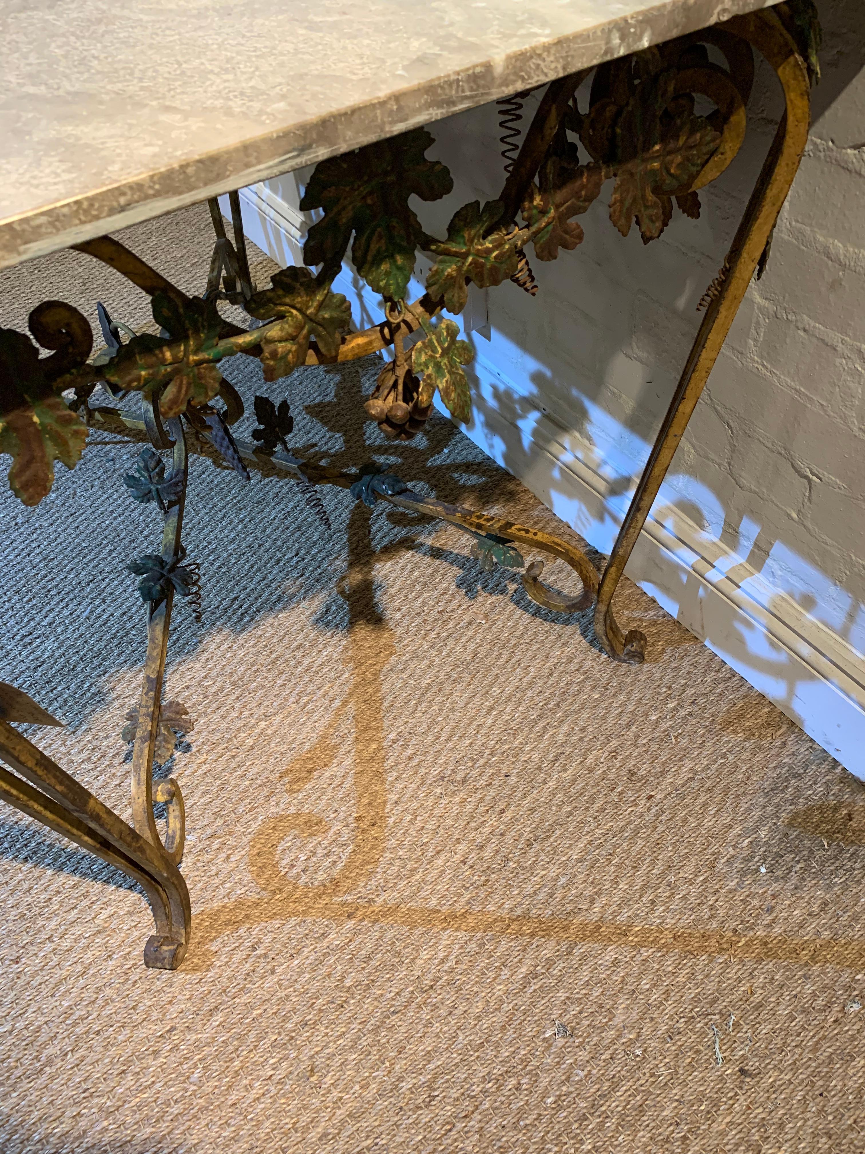 Midcentury French Wrought Iron & Marble Console Table with Leaf Decoration For Sale 7