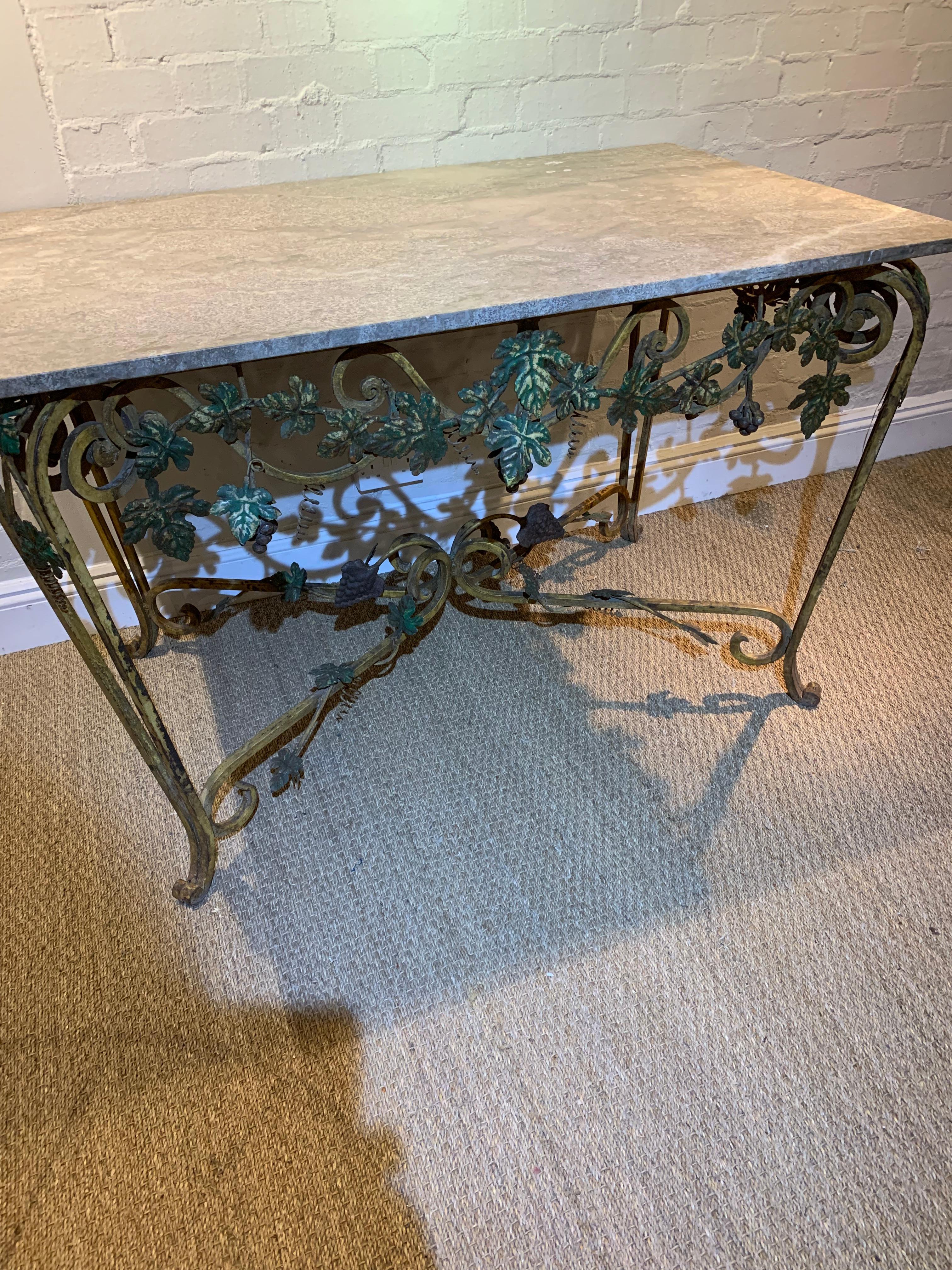 Midcentury French Wrought Iron & Marble Console Table with Leaf Decoration For Sale 8