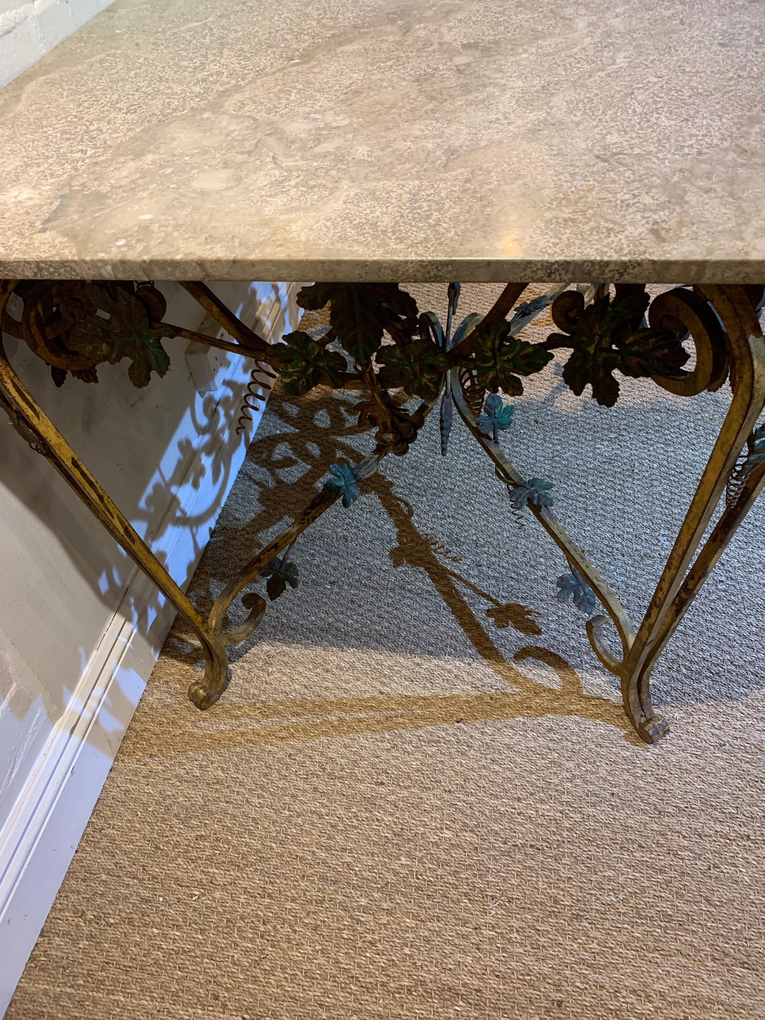 Midcentury French Wrought Iron & Marble Console Table with Leaf Decoration For Sale 9