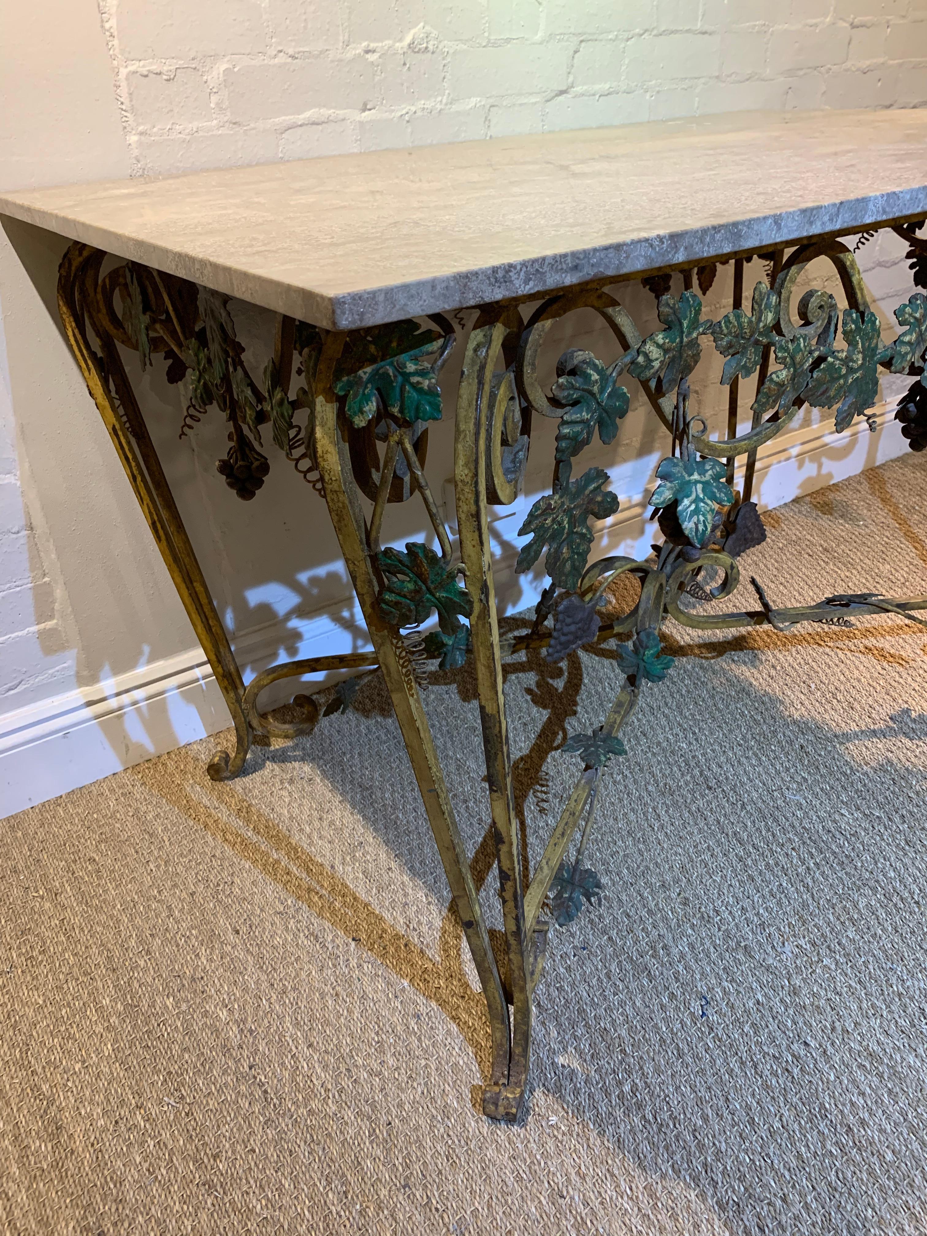 Mid-Century Modern Midcentury French Wrought Iron & Marble Console Table with Leaf Decoration For Sale