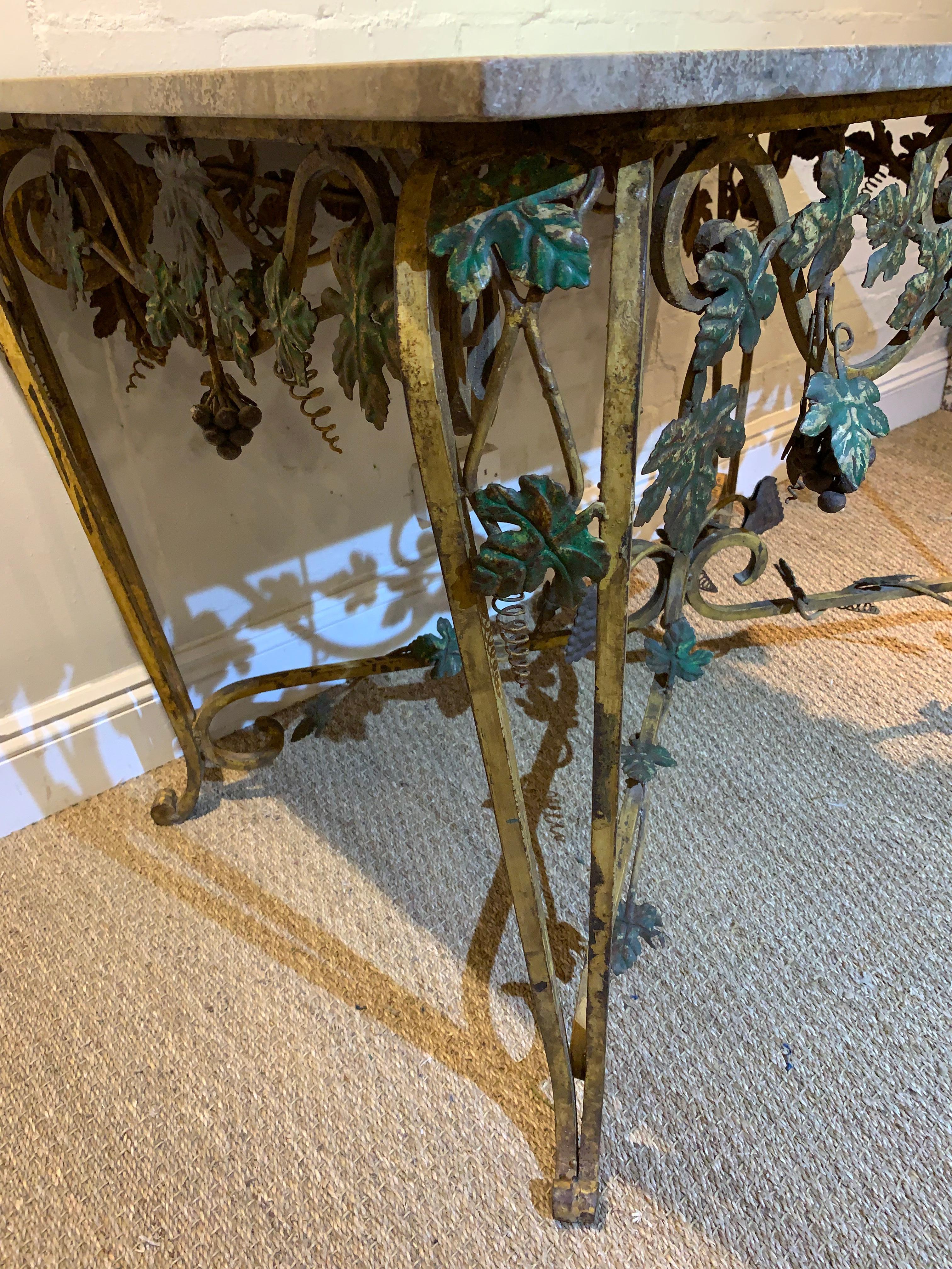 Midcentury French Wrought Iron & Marble Console Table with Leaf Decoration In Good Condition For Sale In London, GB