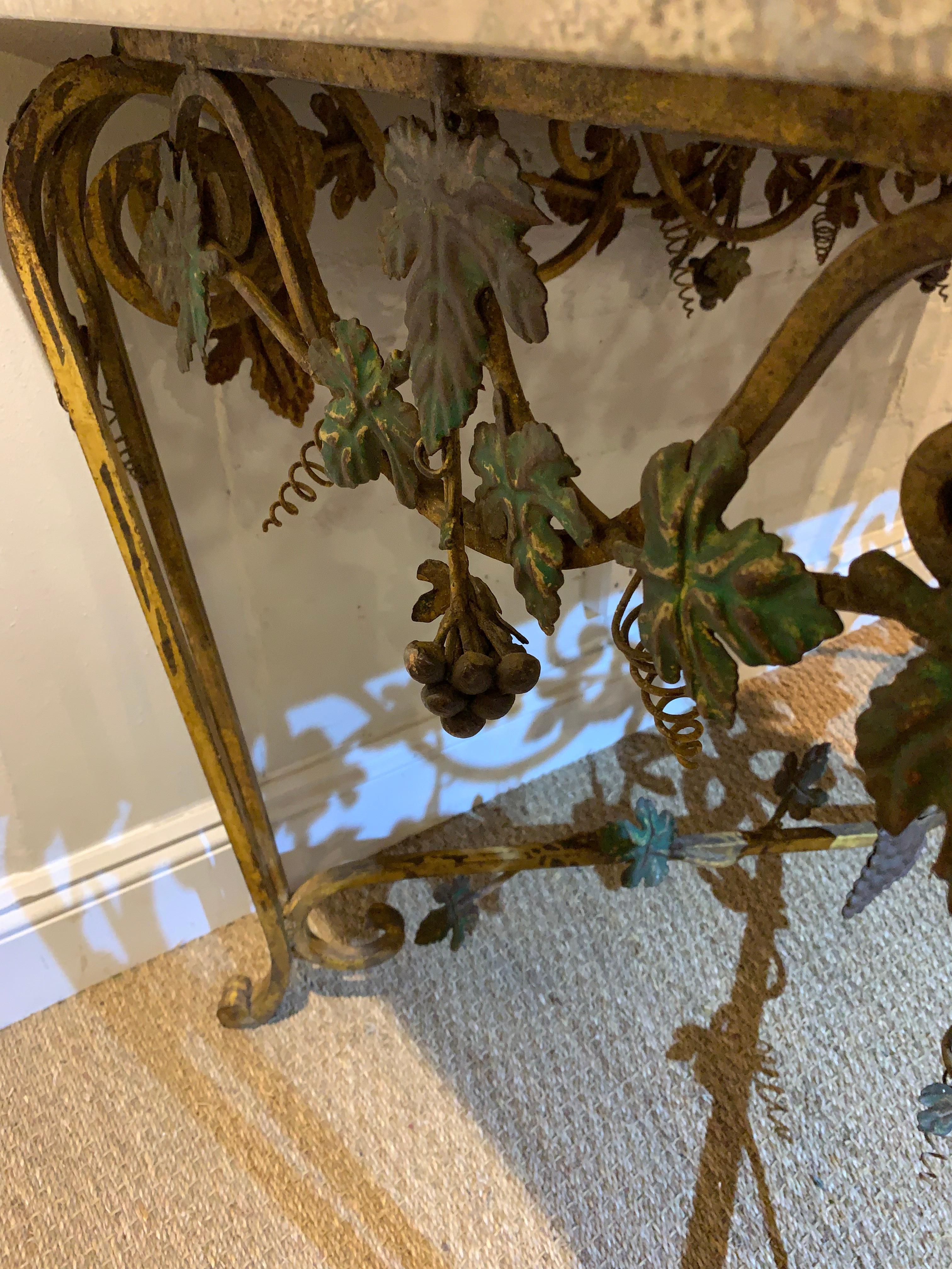 20th Century Midcentury French Wrought Iron & Marble Console Table with Leaf Decoration For Sale