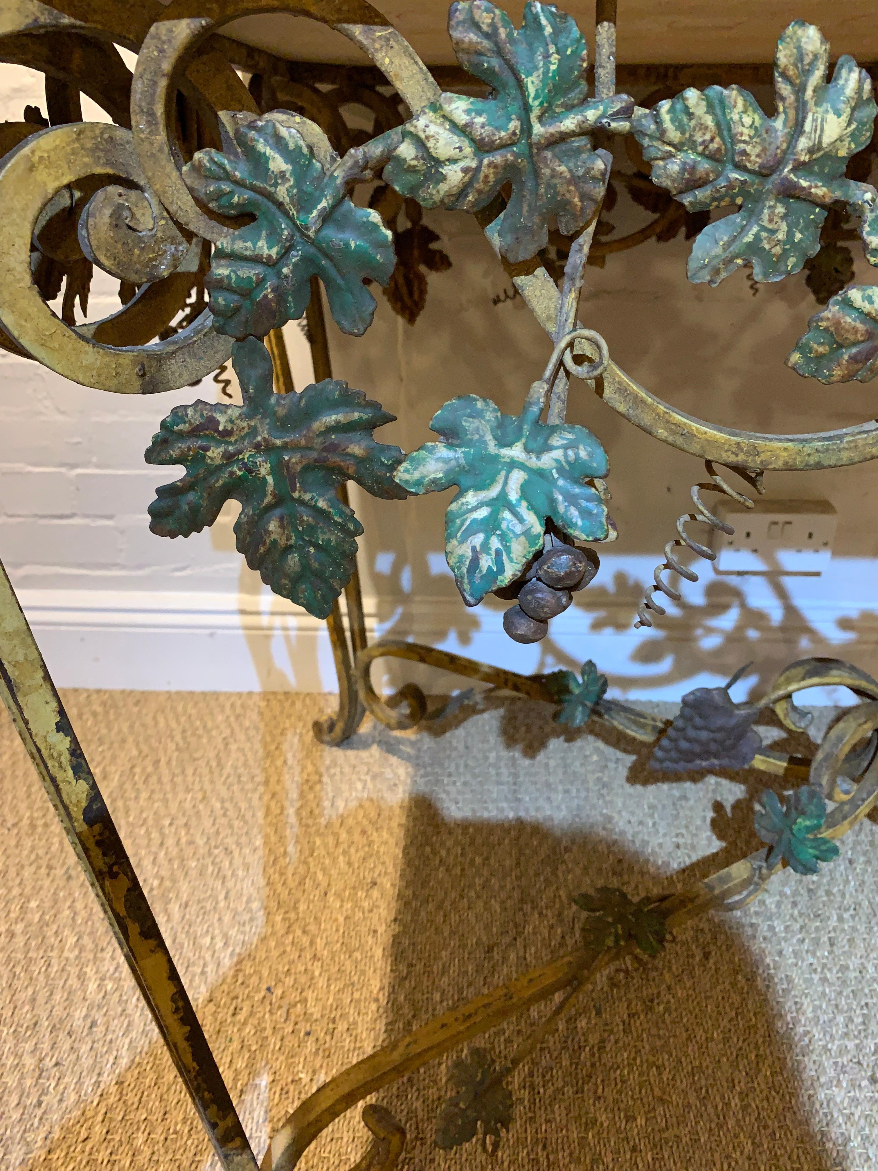 Midcentury French Wrought Iron & Marble Console Table with Leaf Decoration For Sale 1