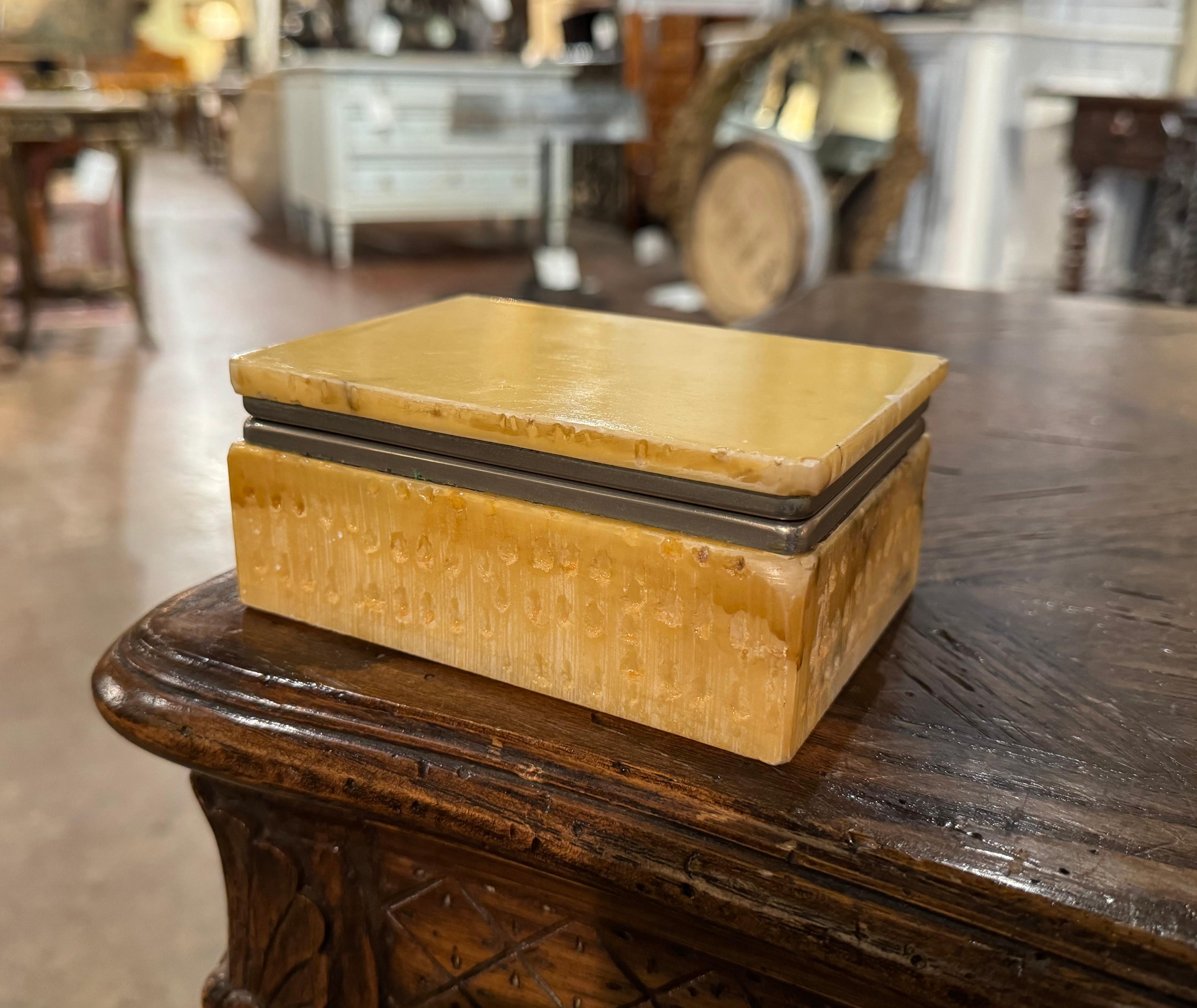 20th Century Mid-Century French Yellow Marble and Chrome Jewelry Box Casket  For Sale