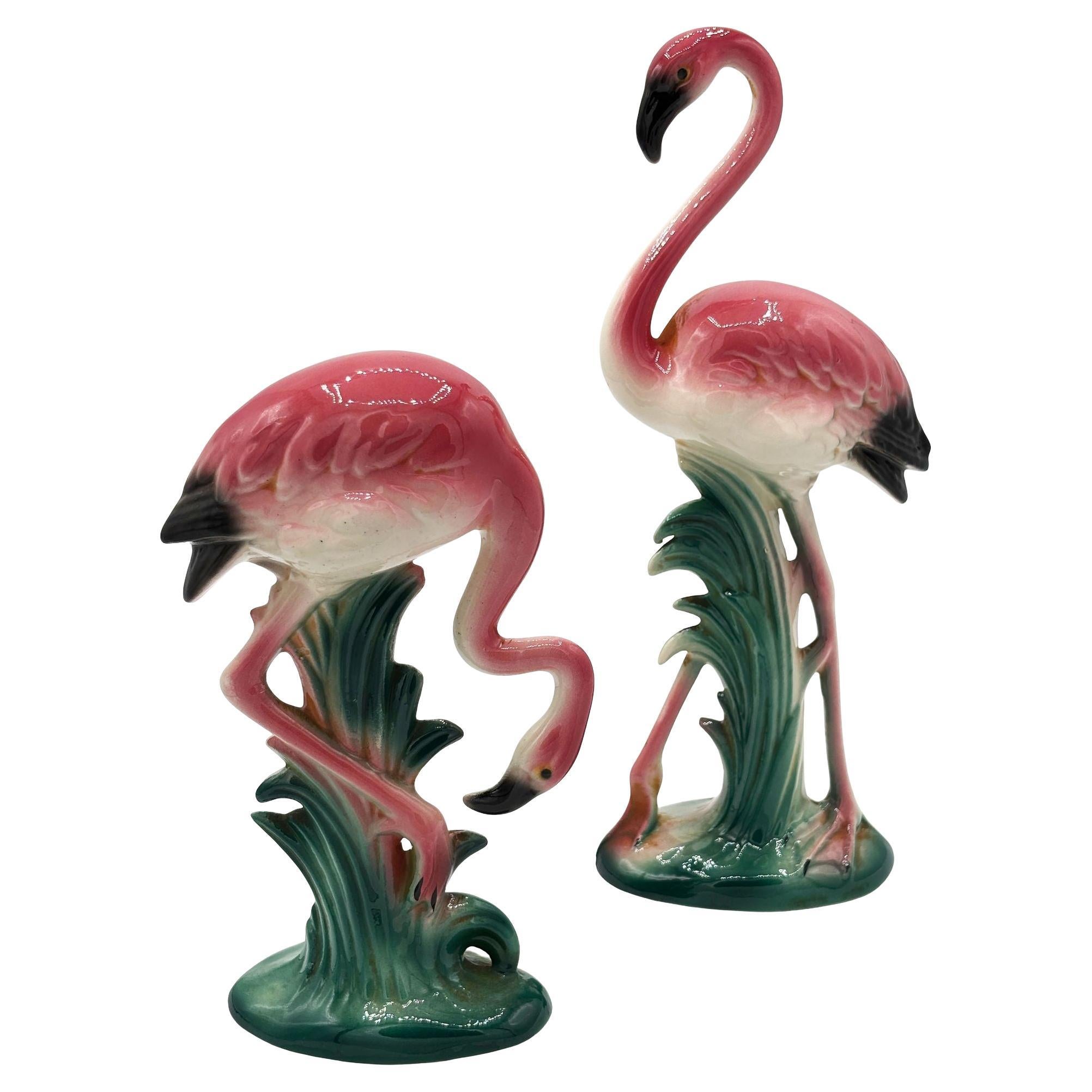 Mid-century "Friends" California Pottery Ceramic Pink Flamingo Statue, Pair