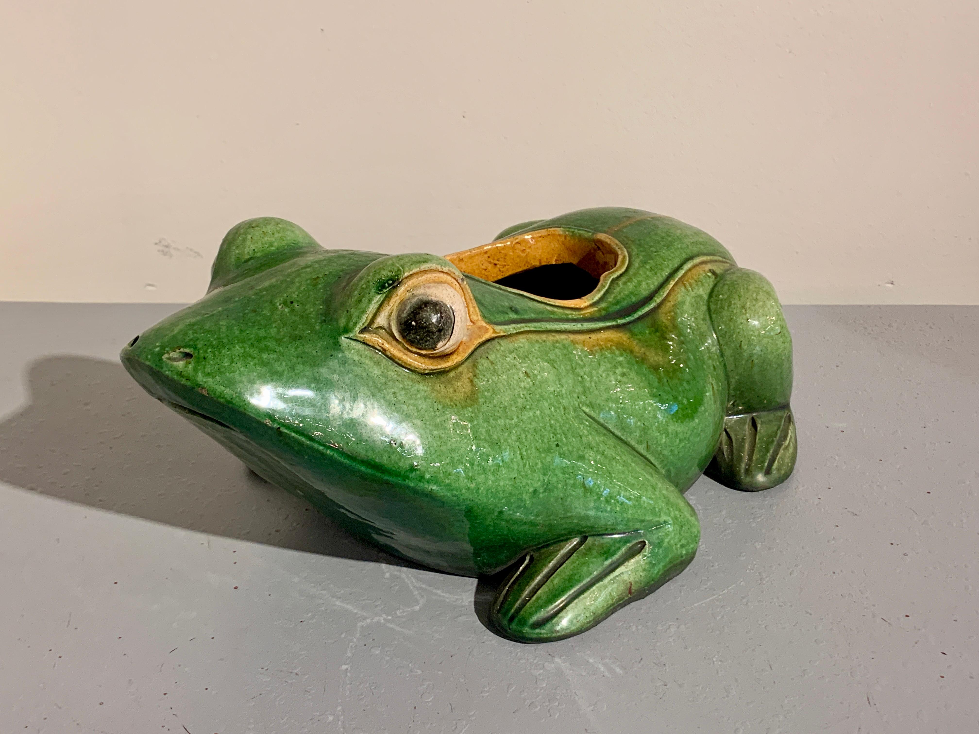 A delightful stoneware planter in the form of a frog, green glazed with mustard yellow highlights, mid 20th century. 

The planter is shaped like a crouching frog, looking slightly upwards with bulging eyes, a curious expression on its face. The