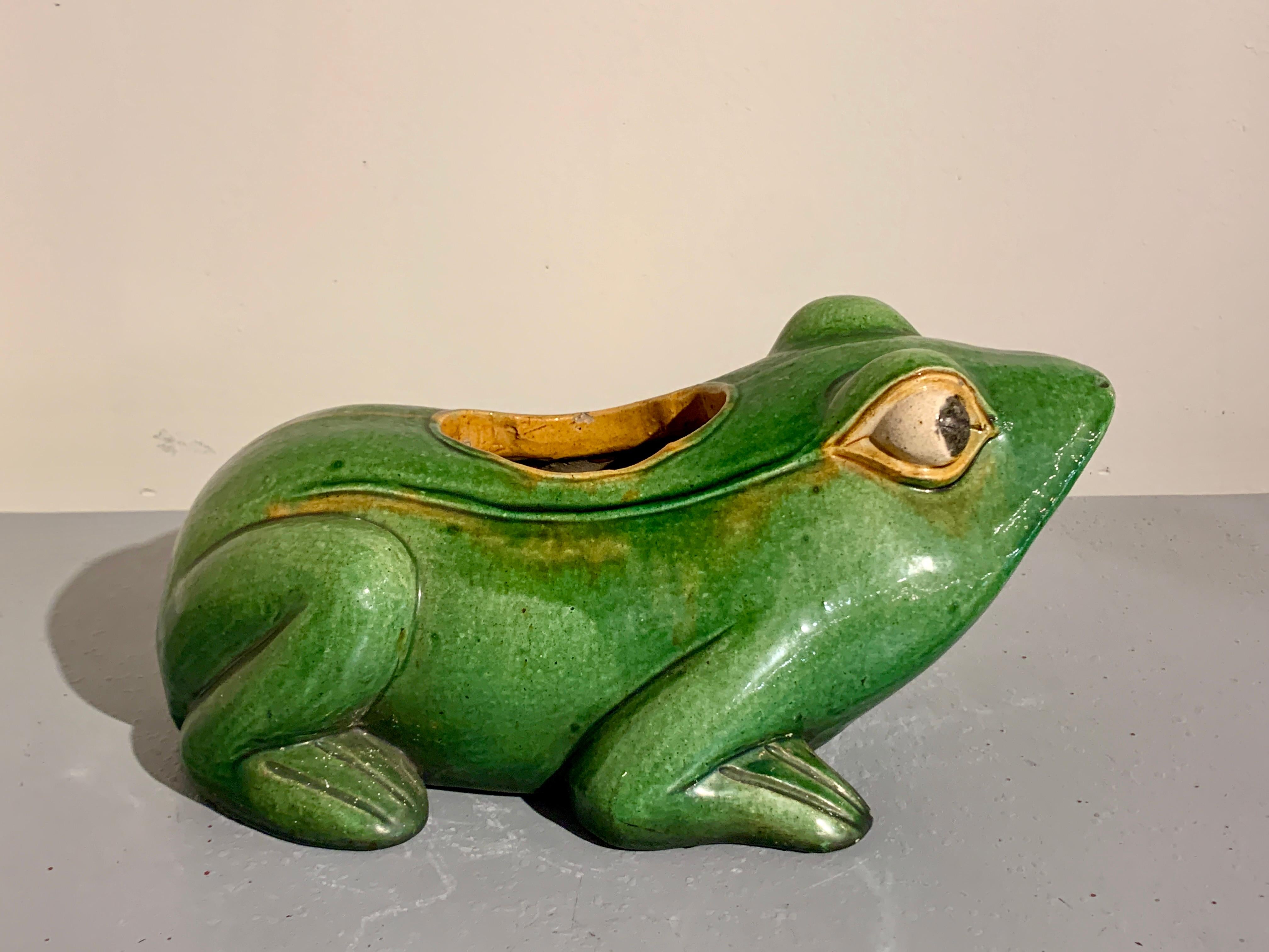 Unknown Mid-Century Frog Planter Green Glazed Stoneware
