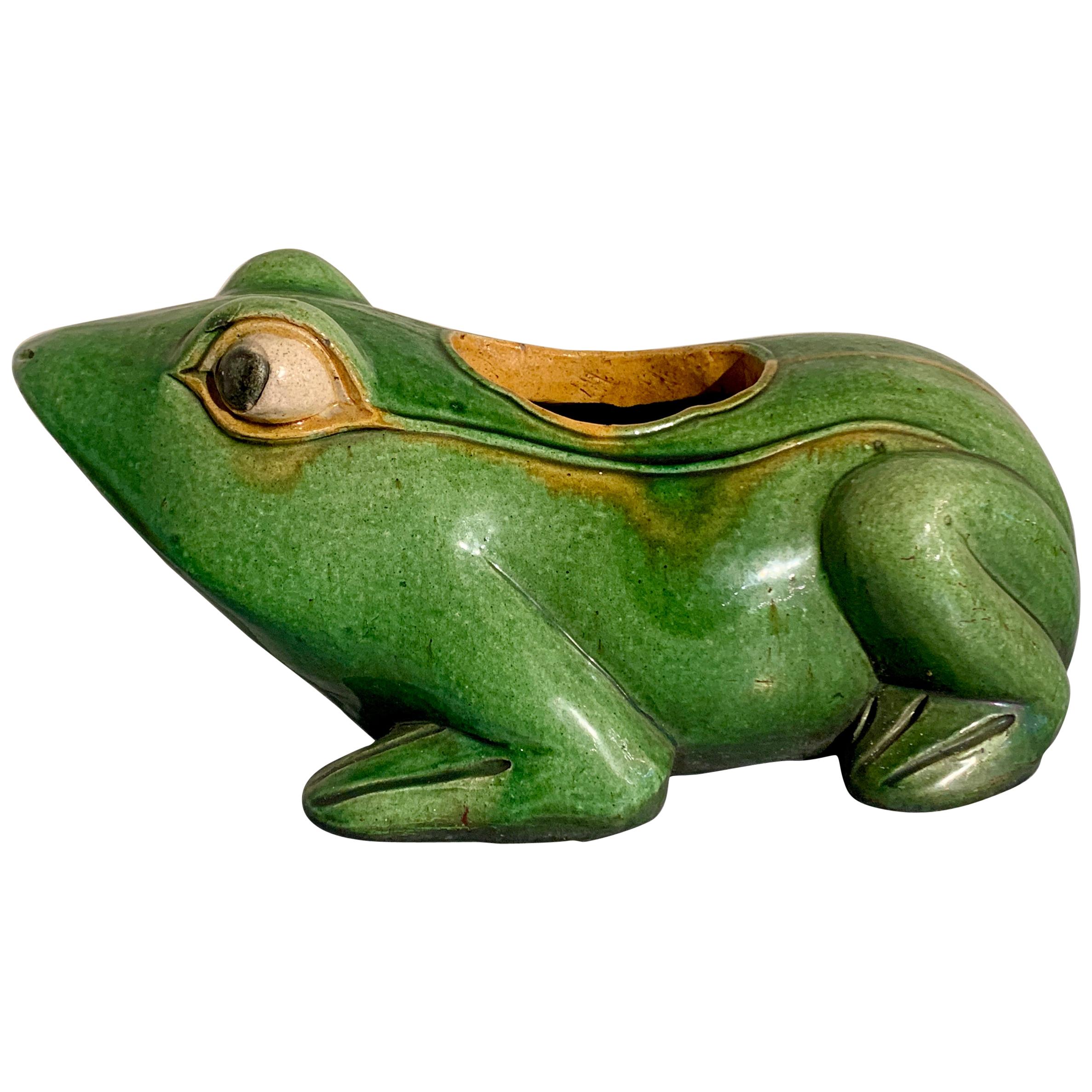 Mid-Century Frog Planter Green Glazed Stoneware
