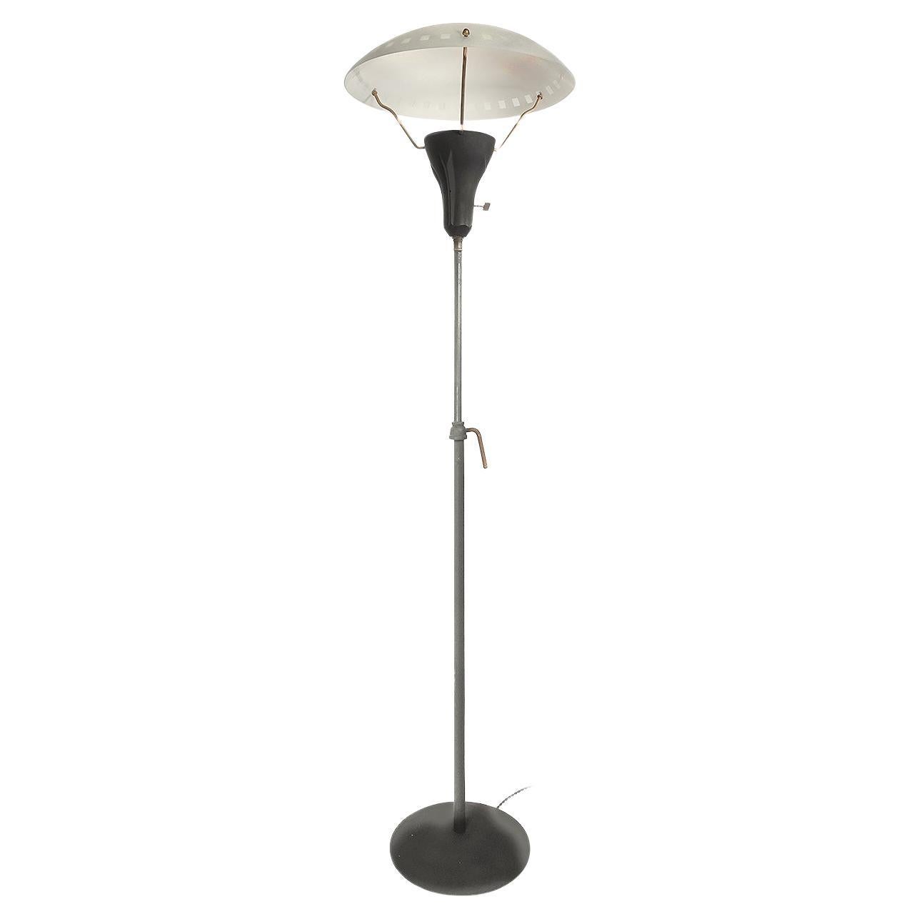 Mid Century Tubular Aluminum Arched Floor Lamp with Frosted Glass Globe