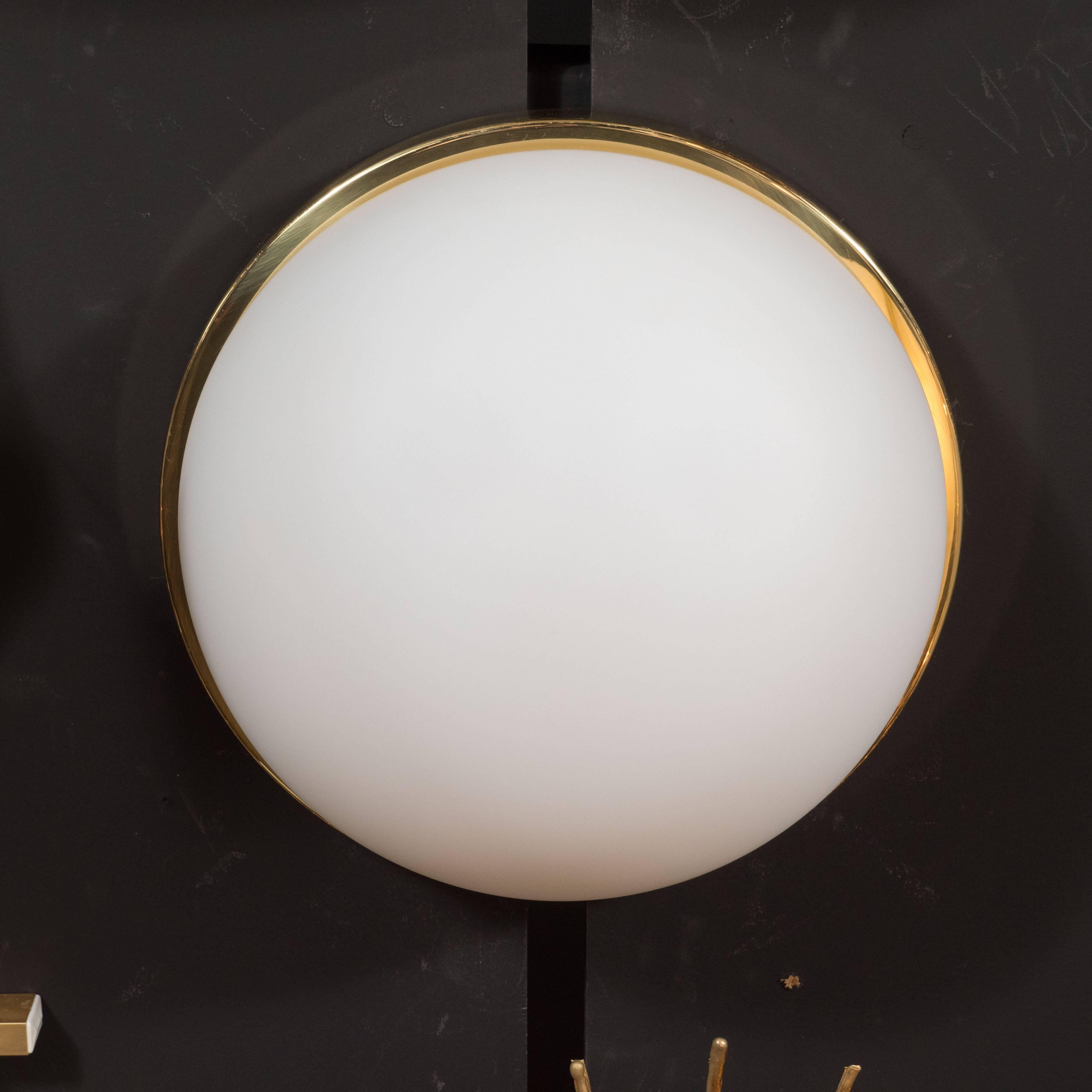 German Midcentury Frosted Glass and Brass Flush Mount Fixture by Glashütte Limburg For Sale