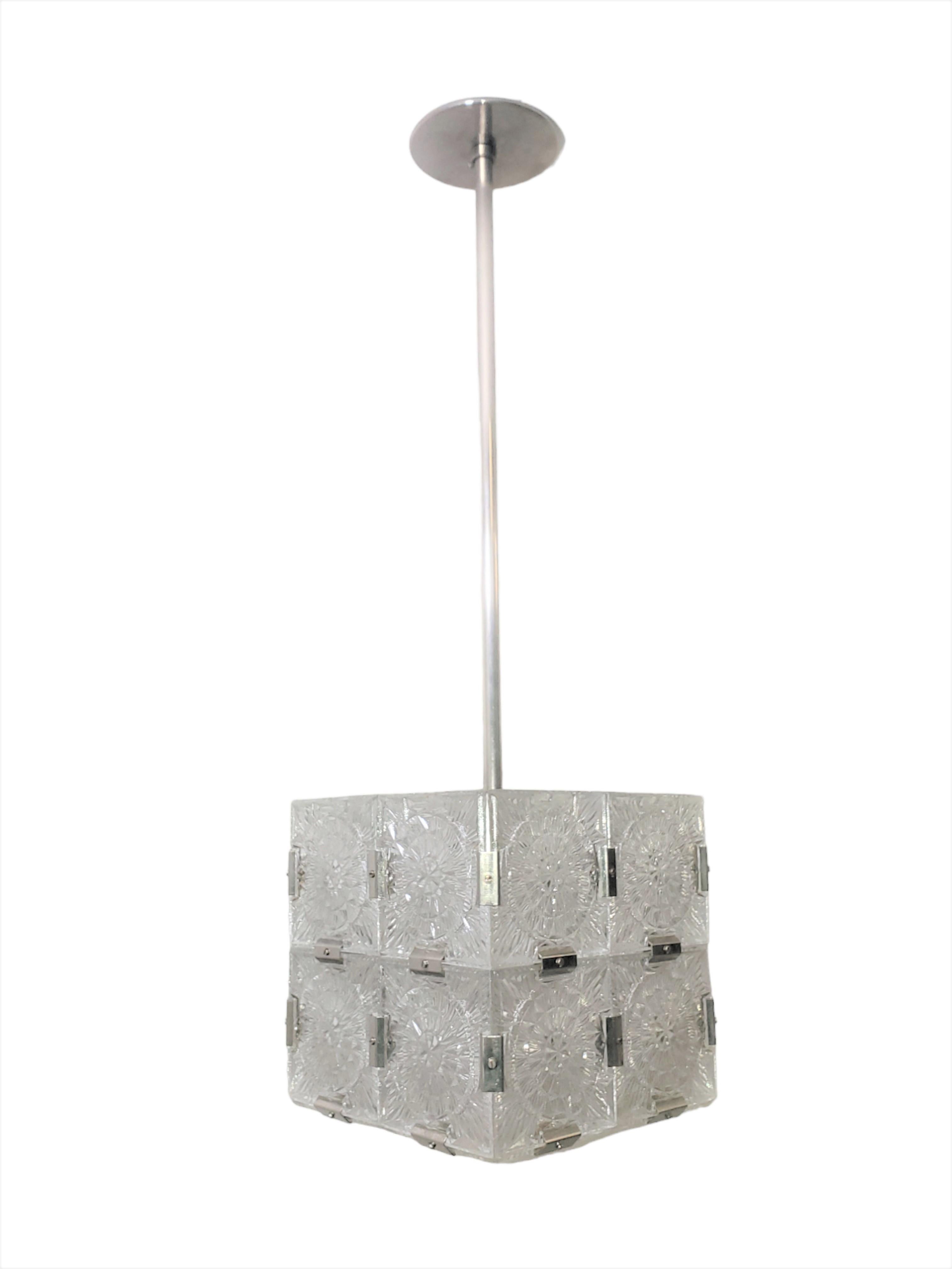 Minimalist Mid Century frosted glass box/cube pendant ceiling light w/ nickel stem For Sale