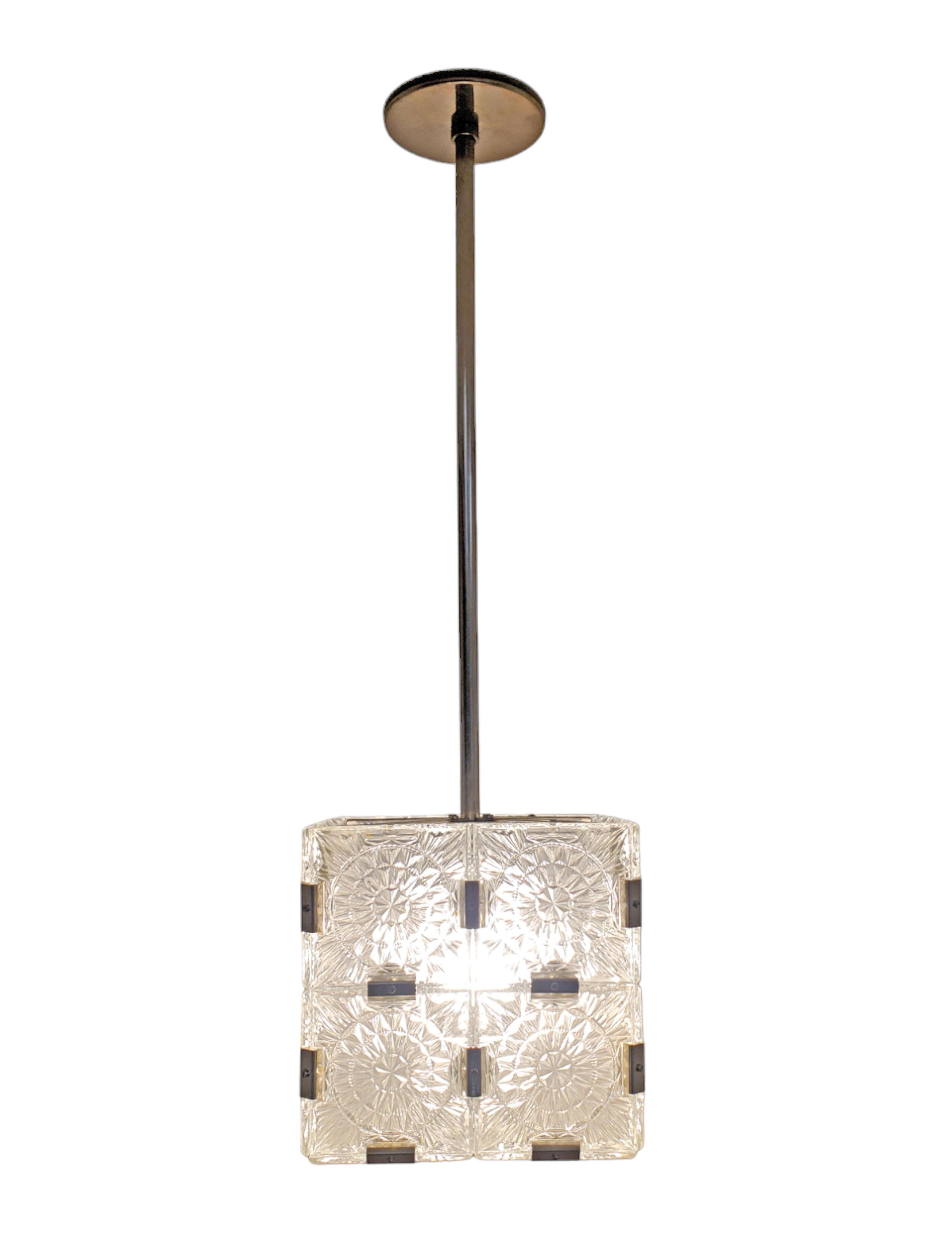 20th Century Mid Century frosted glass box/cube pendant ceiling light w/ nickel stem For Sale