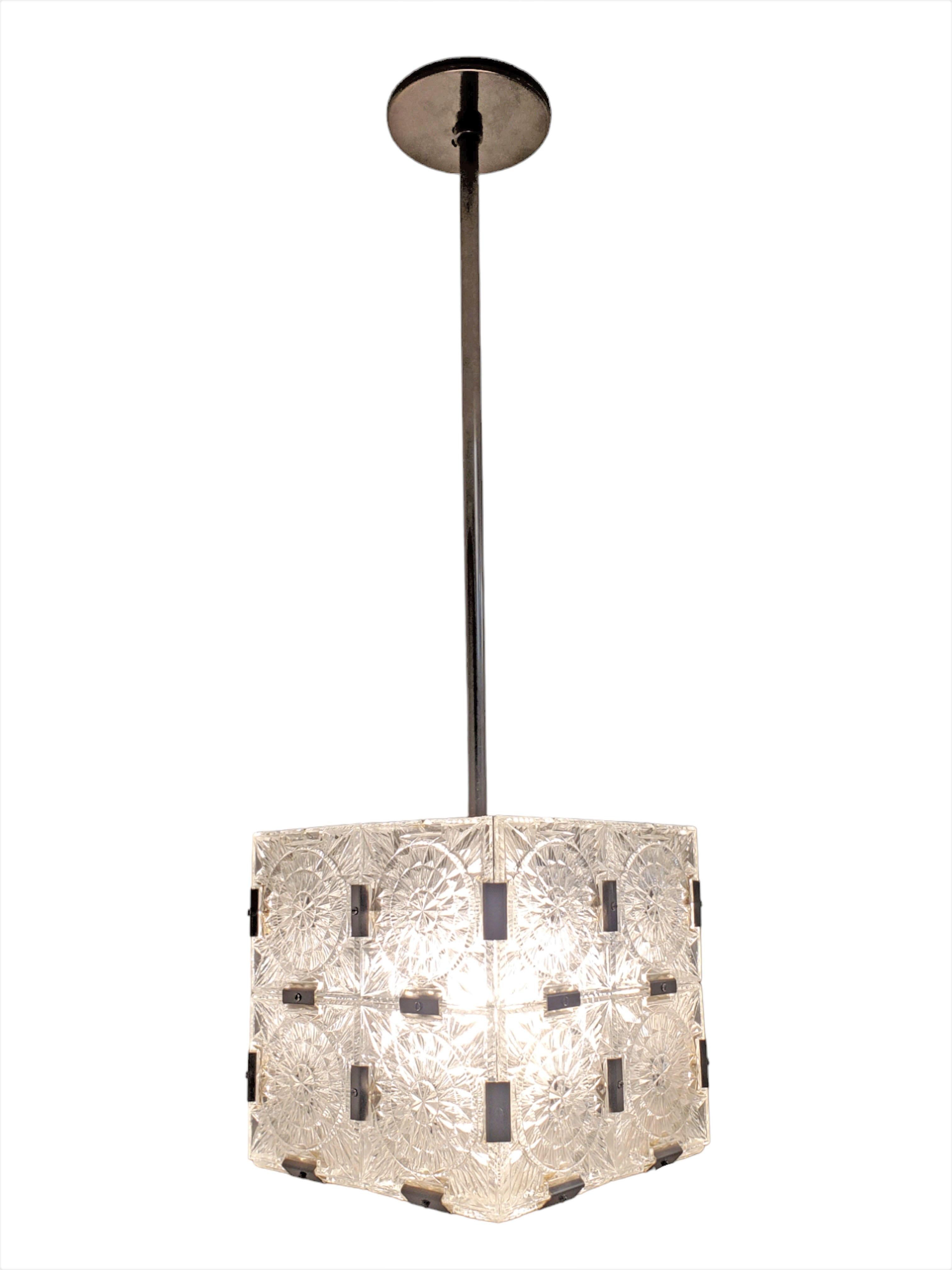 Glass Mid Century frosted glass box/cube pendant ceiling light w/ nickel stem For Sale