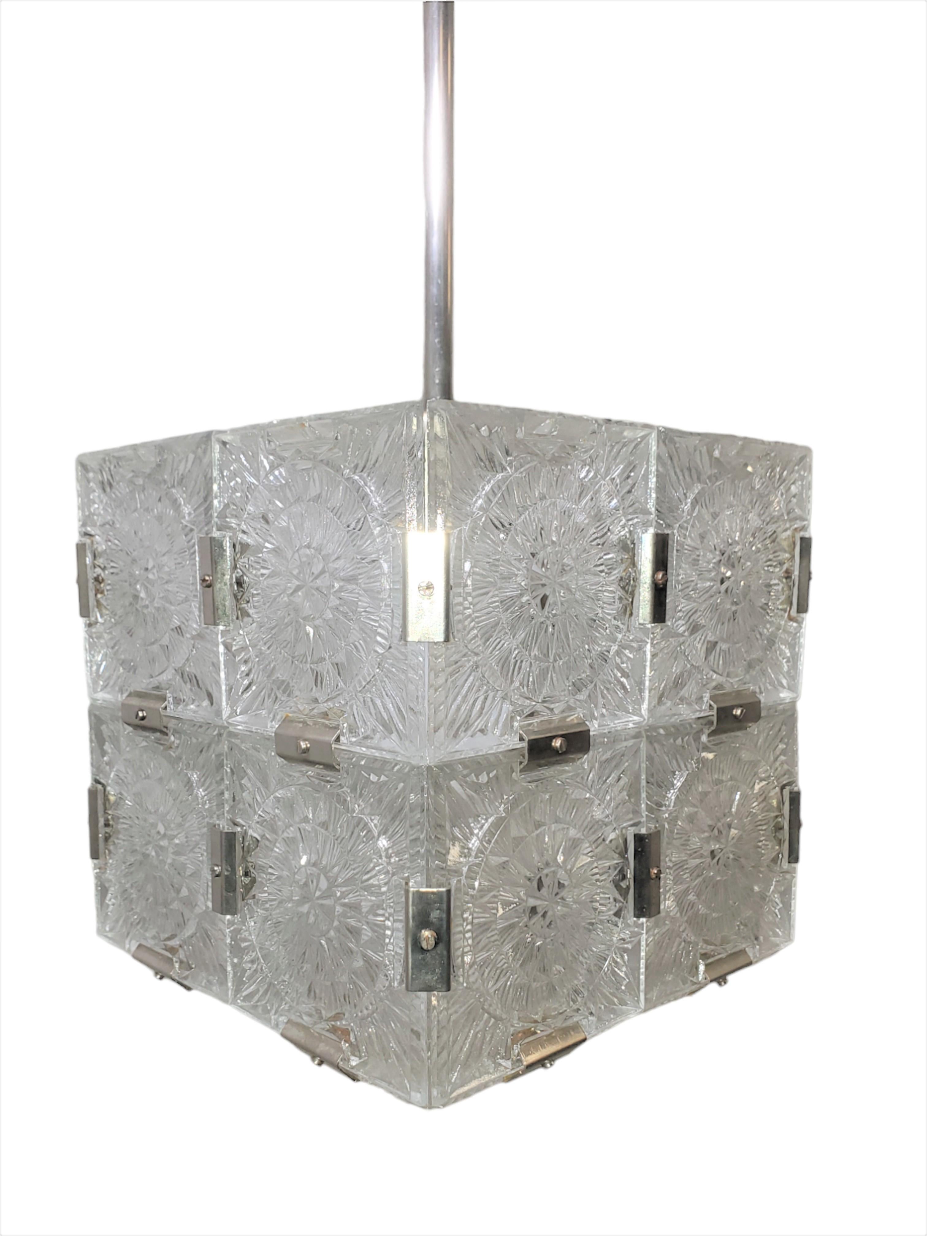 Mid Century frosted glass box/cube pendant ceiling light w/ nickel stem For Sale 1