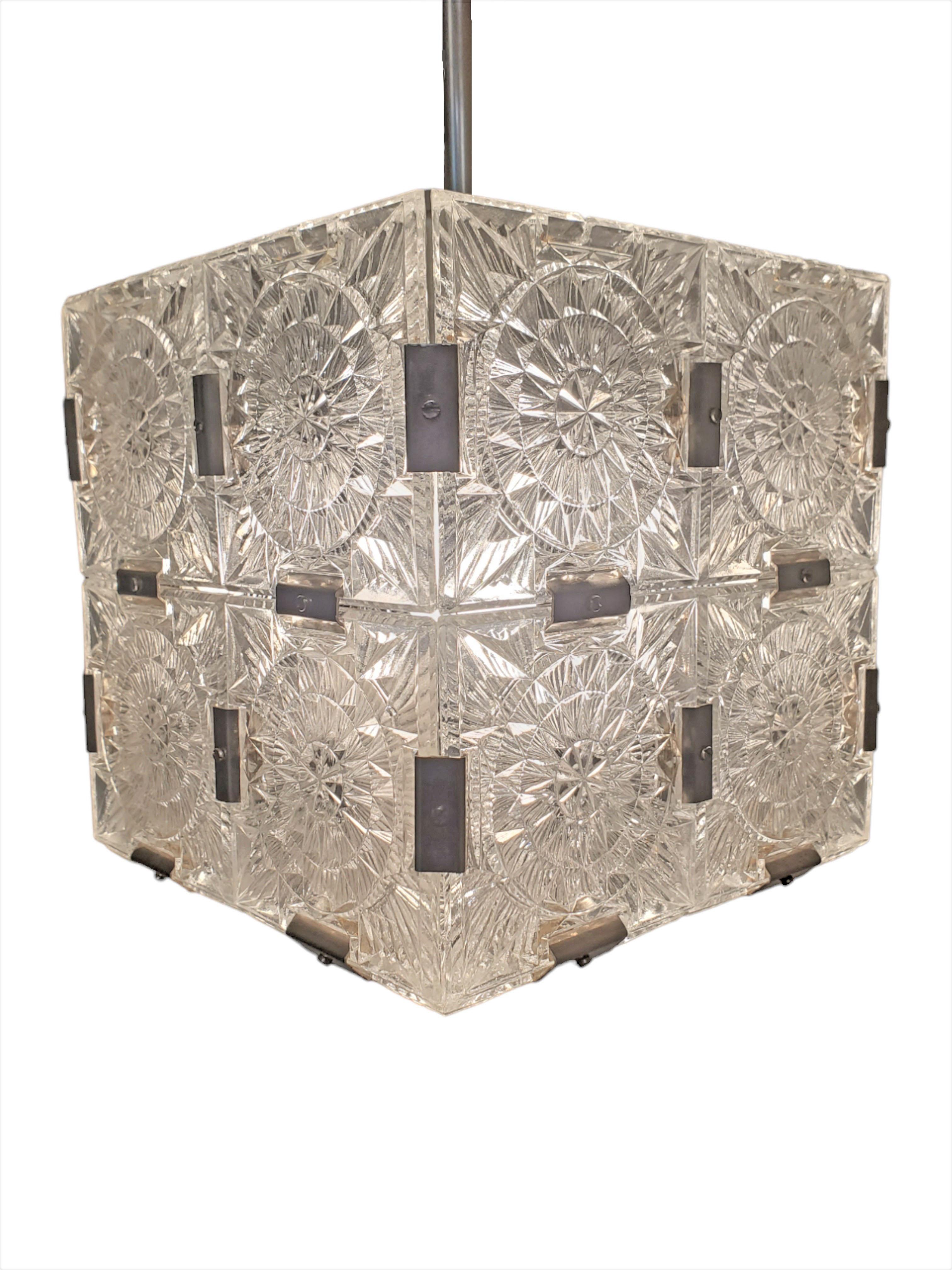 Mid Century frosted glass box/cube pendant ceiling light w/ nickel stem For Sale 3