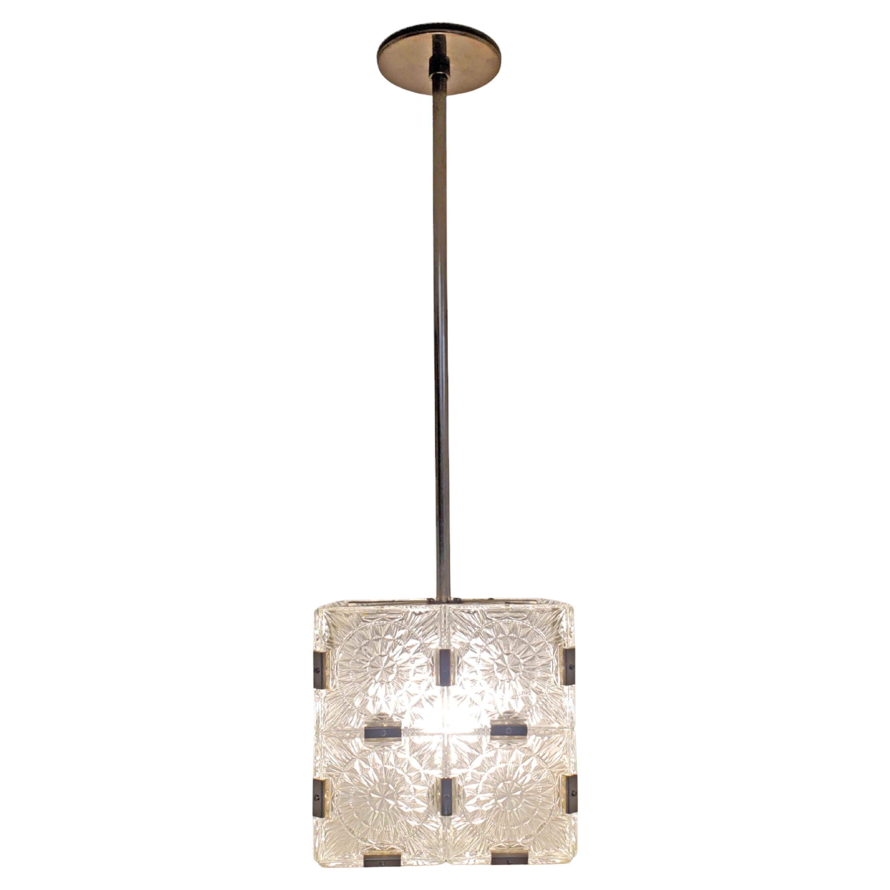 Mid Century frosted glass box/cube pendant ceiling light w/ nickel stem For Sale