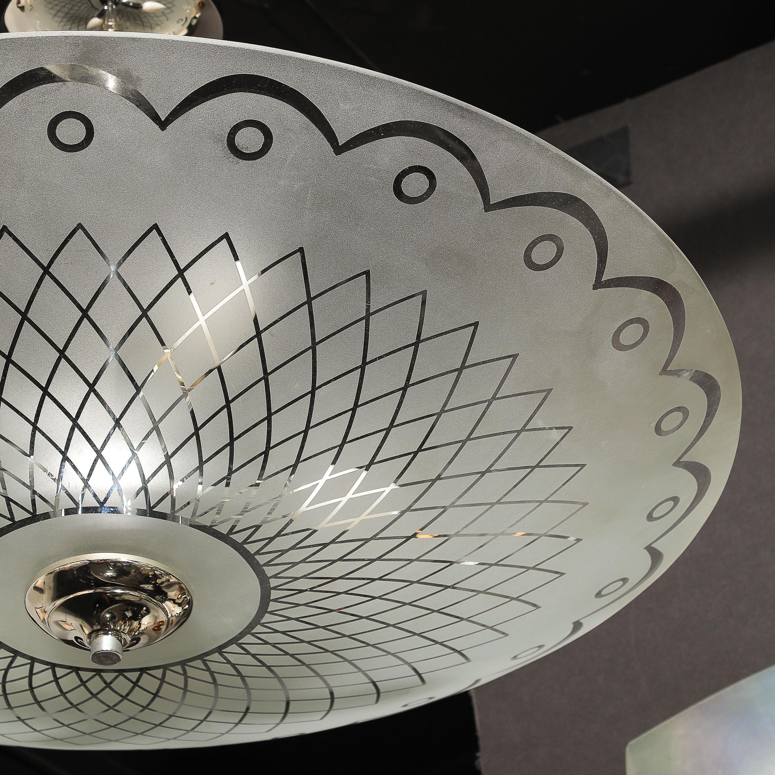 Mid-Century Frosted Glass Chandelier with Geometric Motif & Chrome Fittings For Sale 4
