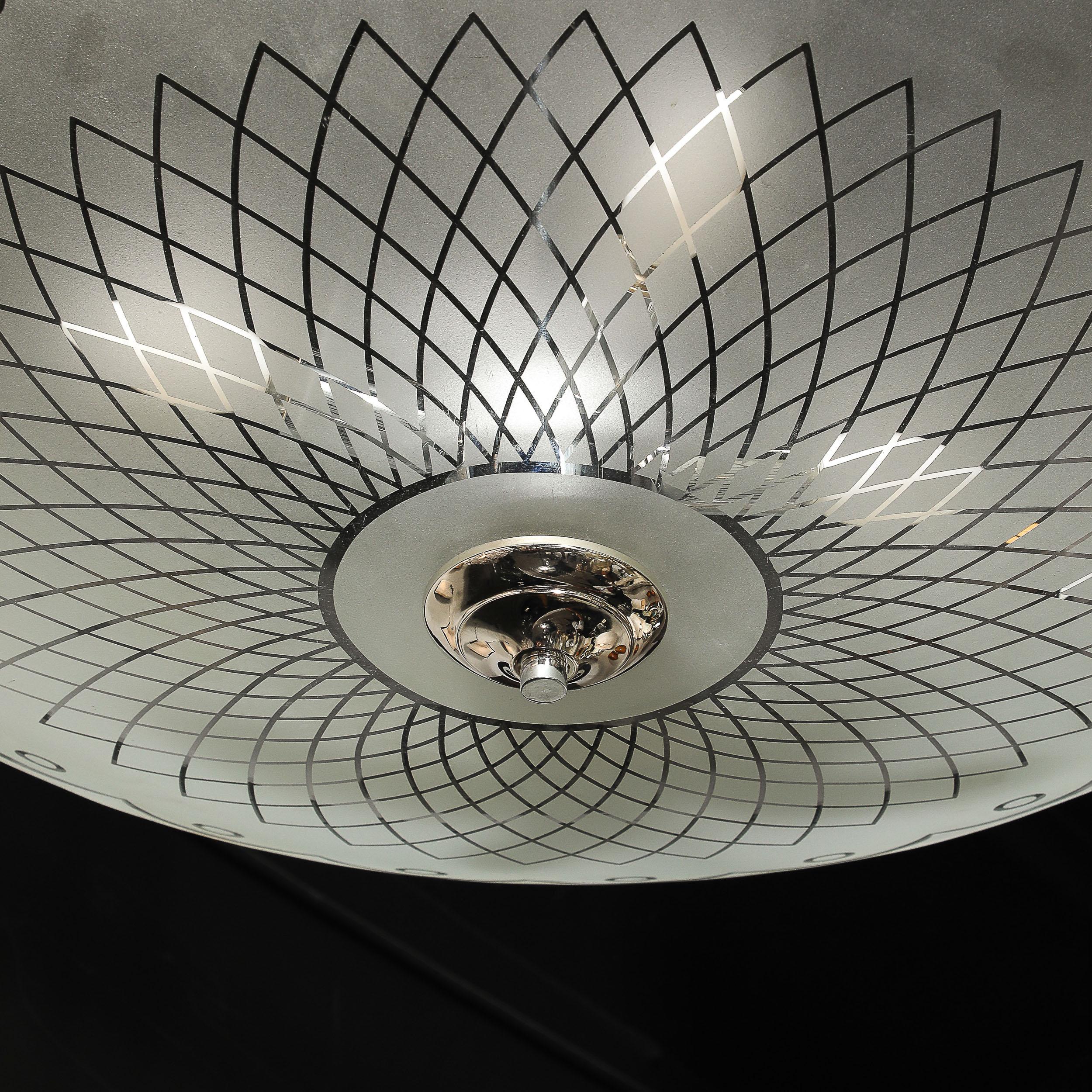 Mid-Century Frosted Glass Chandelier with Geometric Motif & Chrome Fittings For Sale 5