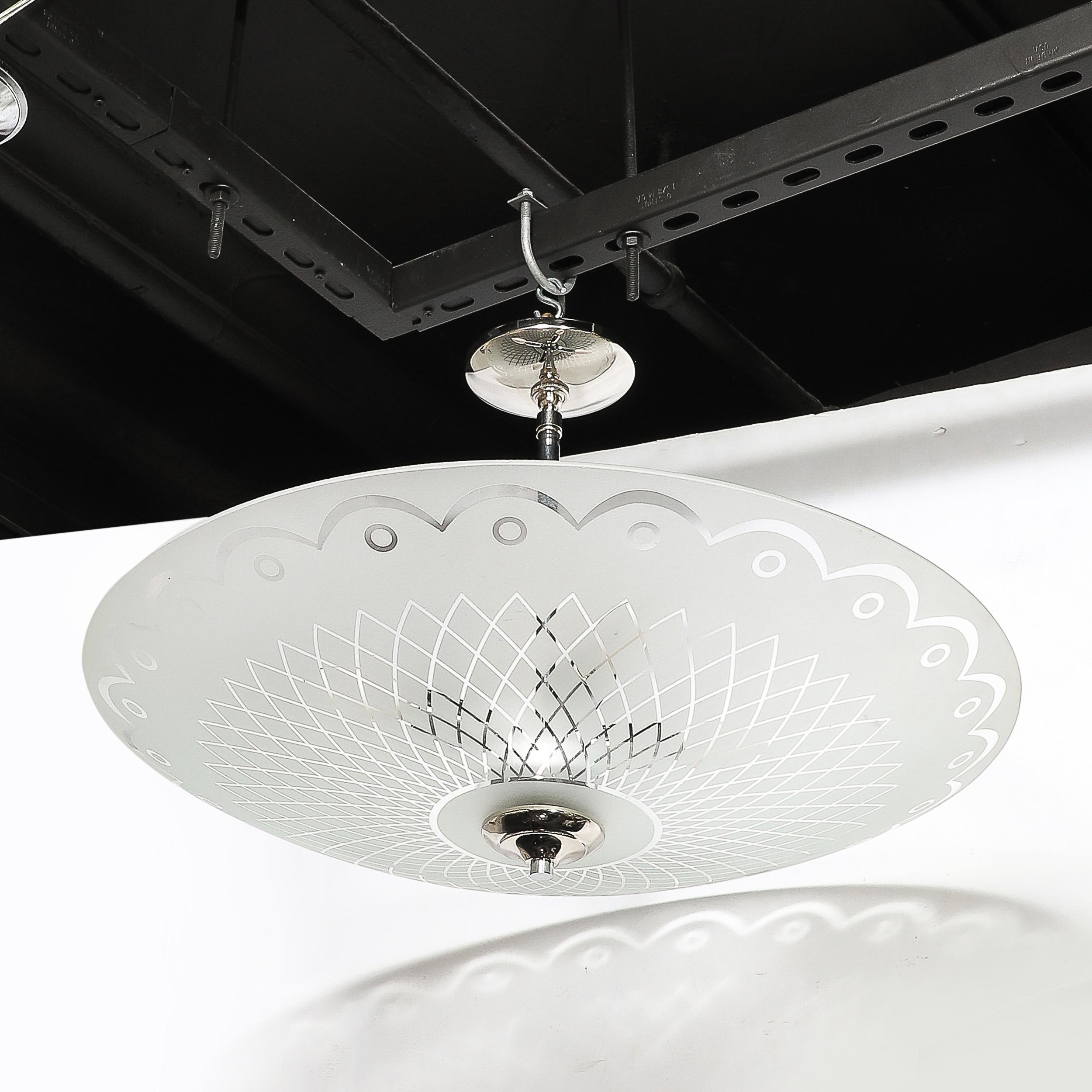Mid-Century Frosted Glass Chandelier with Geometric Motif & Chrome Fittings For Sale 6